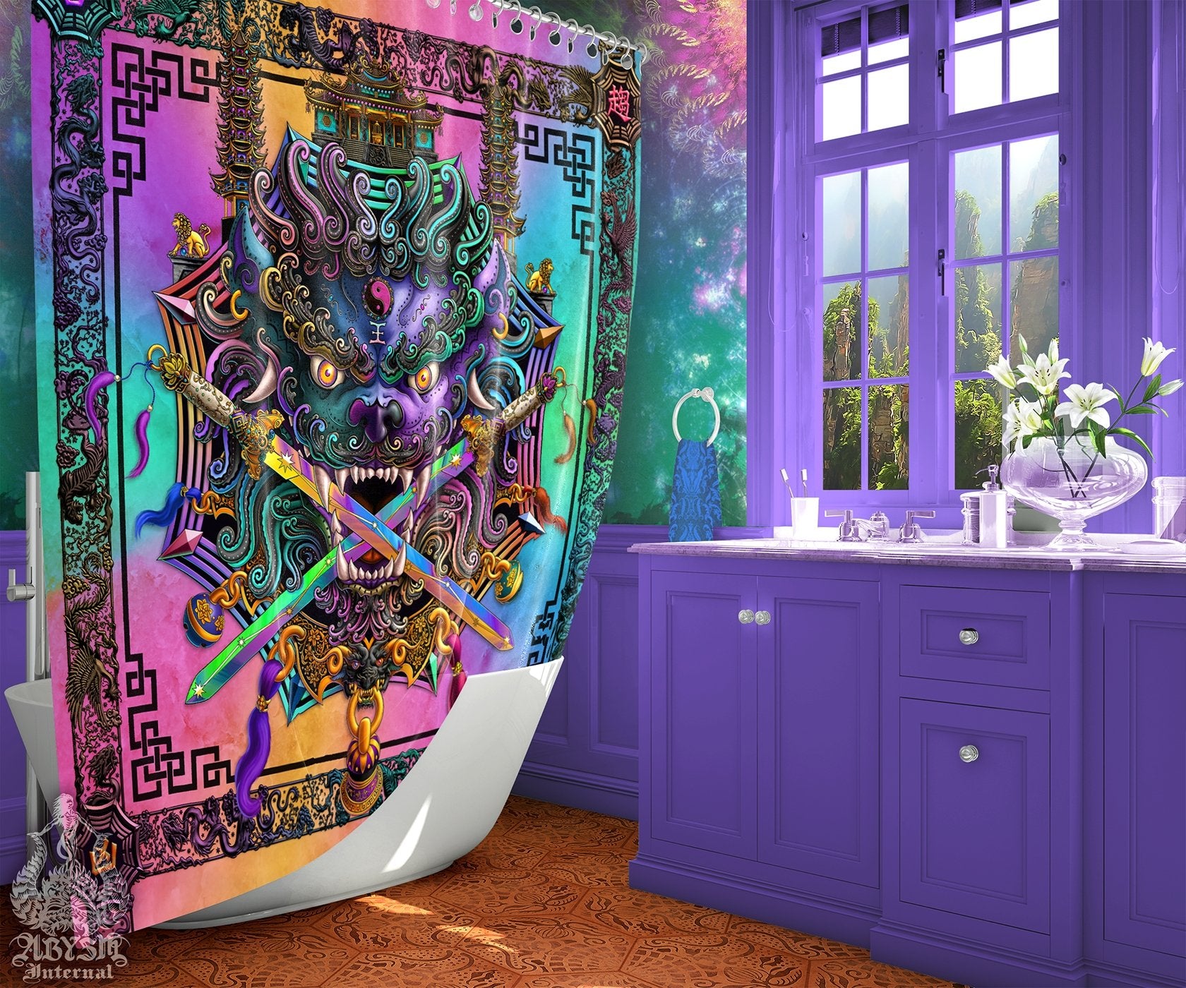 Lion Shower Curtain, Taiwan Sword Lion, Chinese Bathroom, Alternative Fantasy Decor, Asian Mythology, Eclectic and Funky Home - Holographic Pastel Punk and Black - Abysm Internal
