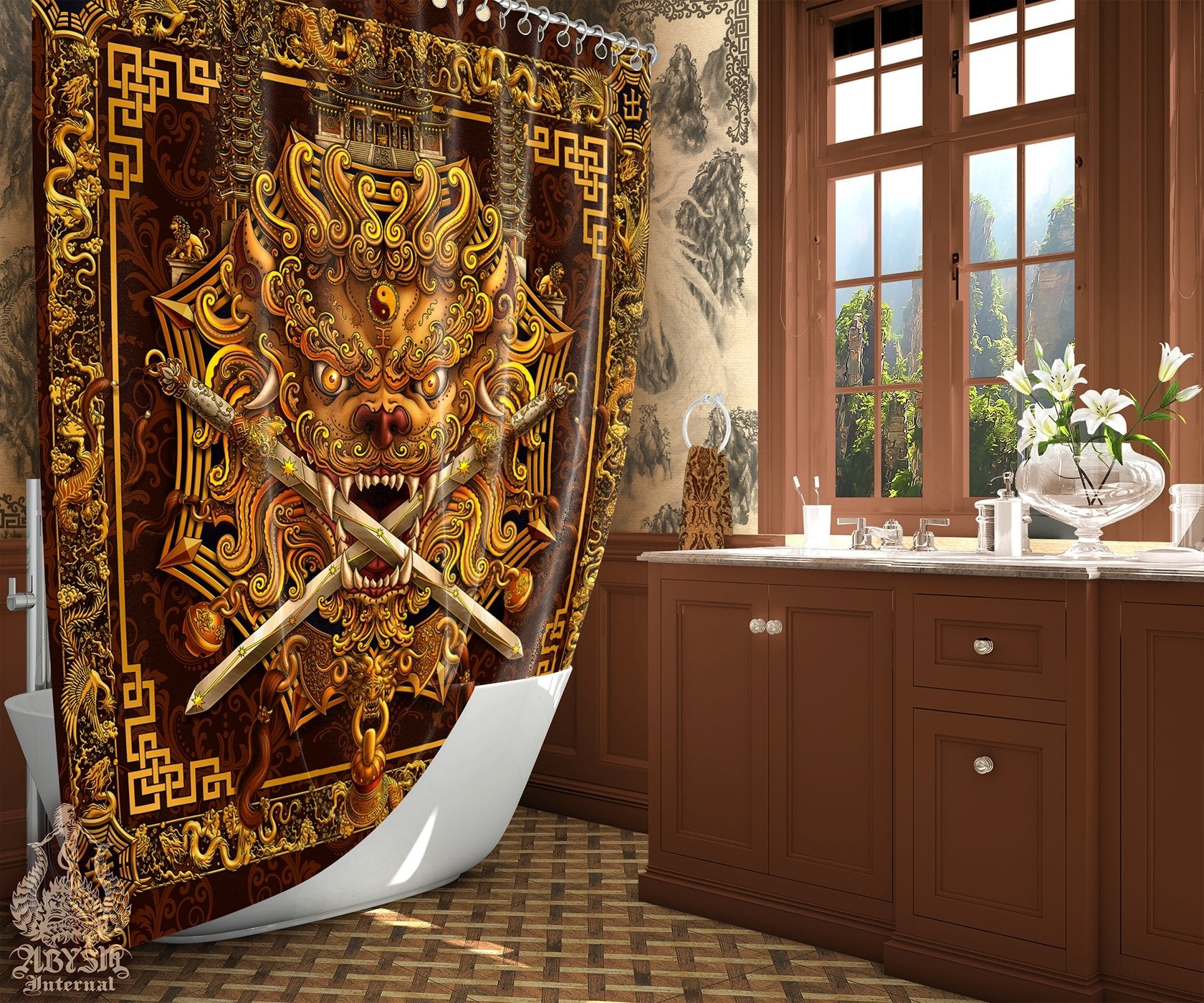 Lion Shower Curtain, Taiwan Sword Lion, Chinese Bathroom, Alternative Fantasy Decor, Asian Mythology - Gold - Abysm Internal