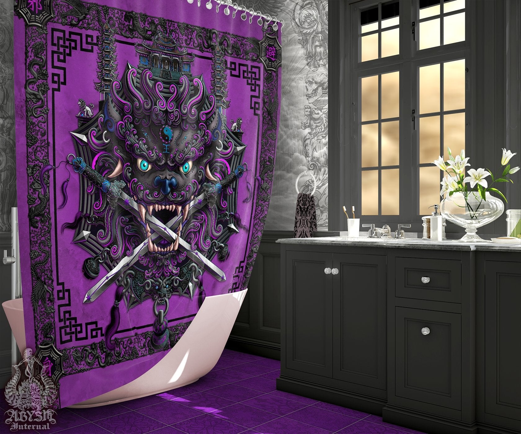 Lion Shower Curtain, Taiwan Sword Lion, Chinese Bathroom, Alternative Fantasy Decor, Asian Mythology - Pastel Goth - Abysm Internal