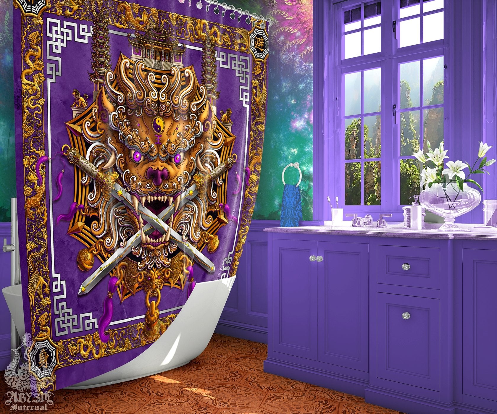 Lion Shower Curtain, Taiwan Sword Lion, Chinese Bathroom, Alternative Fantasy Decor, Asian Mythology - Purple and White - Abysm Internal