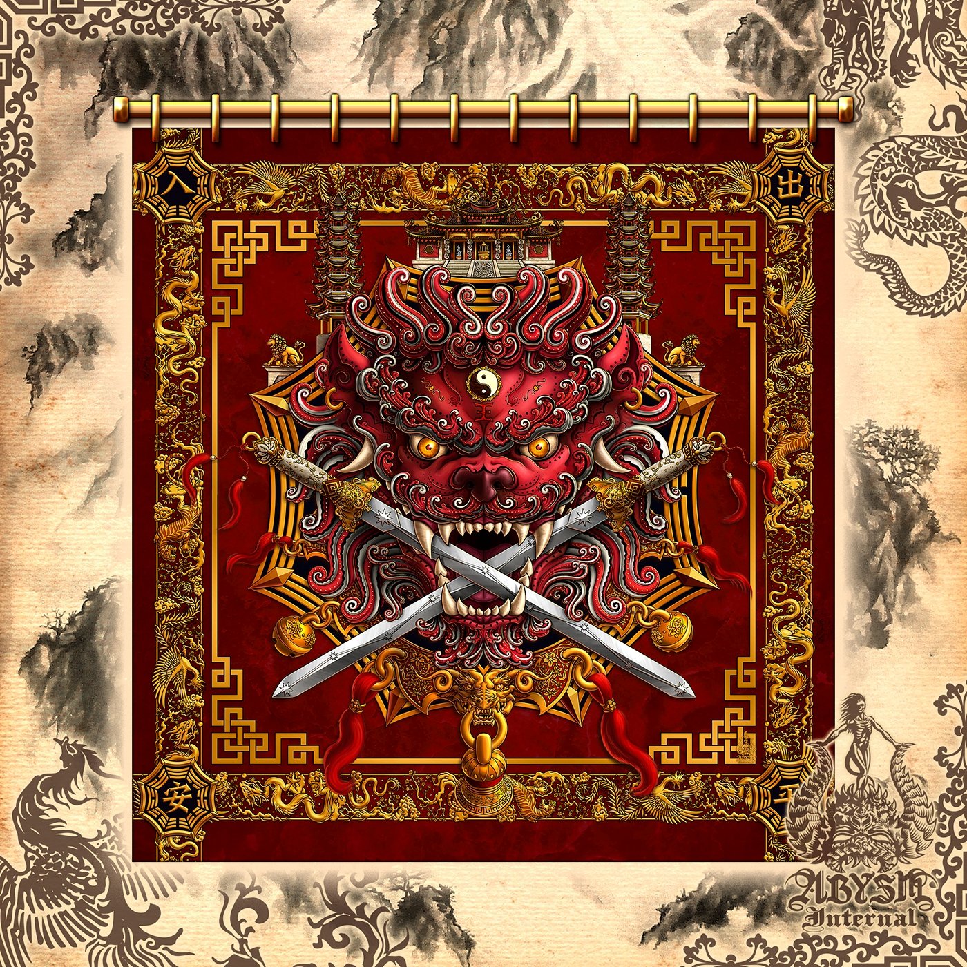 Lion Shower Curtain, Taiwan Sword Lion, Chinese Bathroom, Alternative Fantasy Decor, Asian Mythology - Red - Abysm Internal