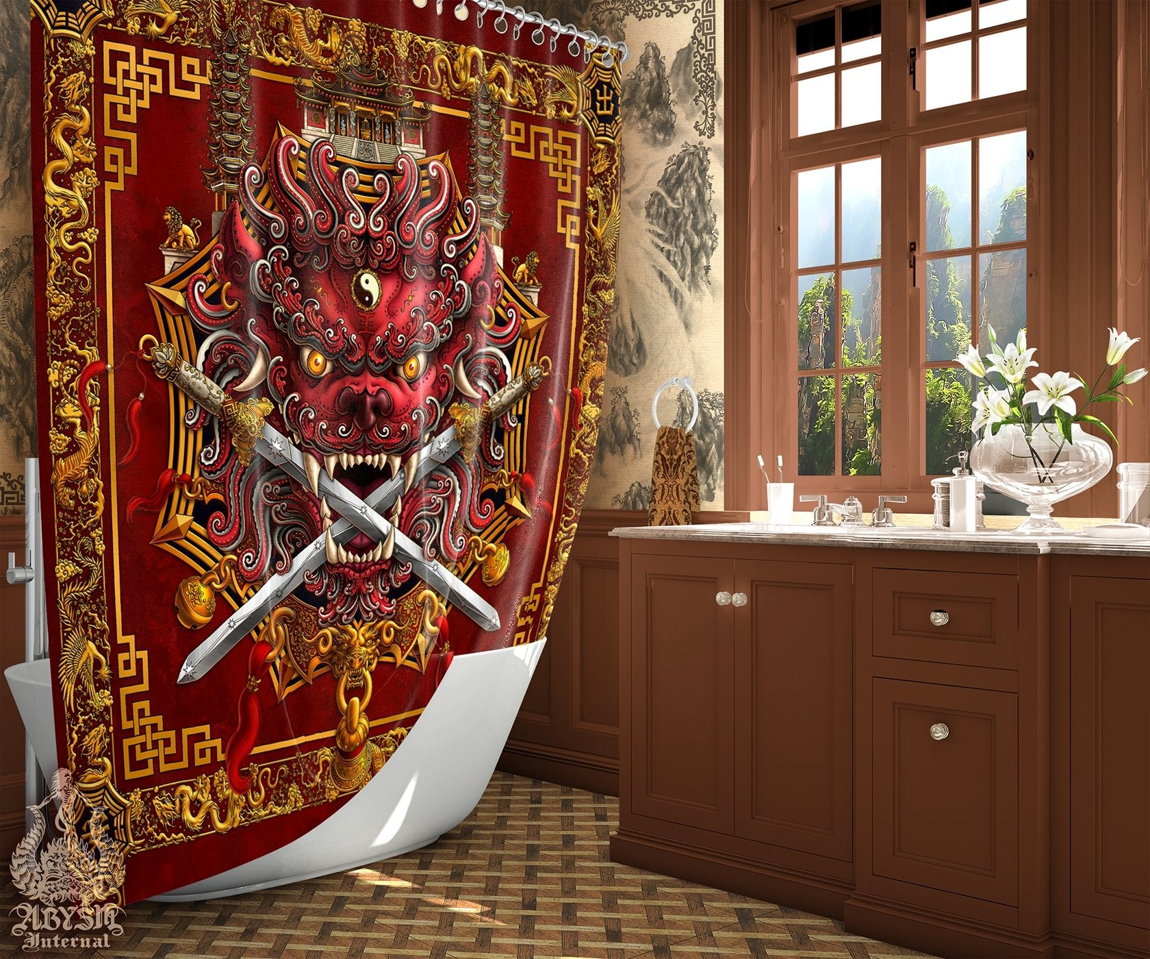 Lion Shower Curtain, Taiwan Sword Lion, Chinese Bathroom, Alternative Fantasy Decor, Asian Mythology - Red - Abysm Internal