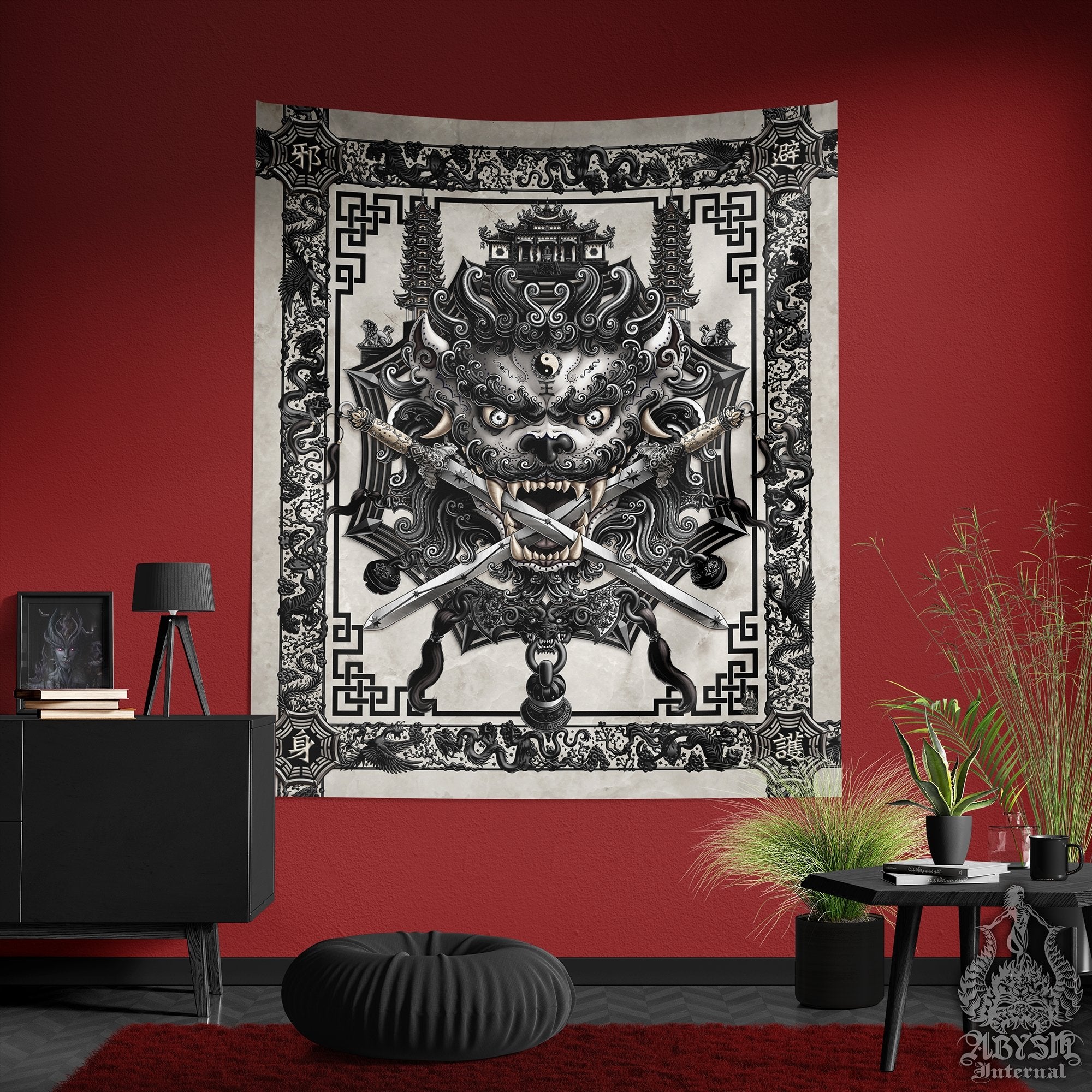 Lion Tapestry, Taiwan Sword Lion, Chinese Wall Hanging, Gamer Home Decor, Asian Mythology - Black & White Goth - Abysm Internal