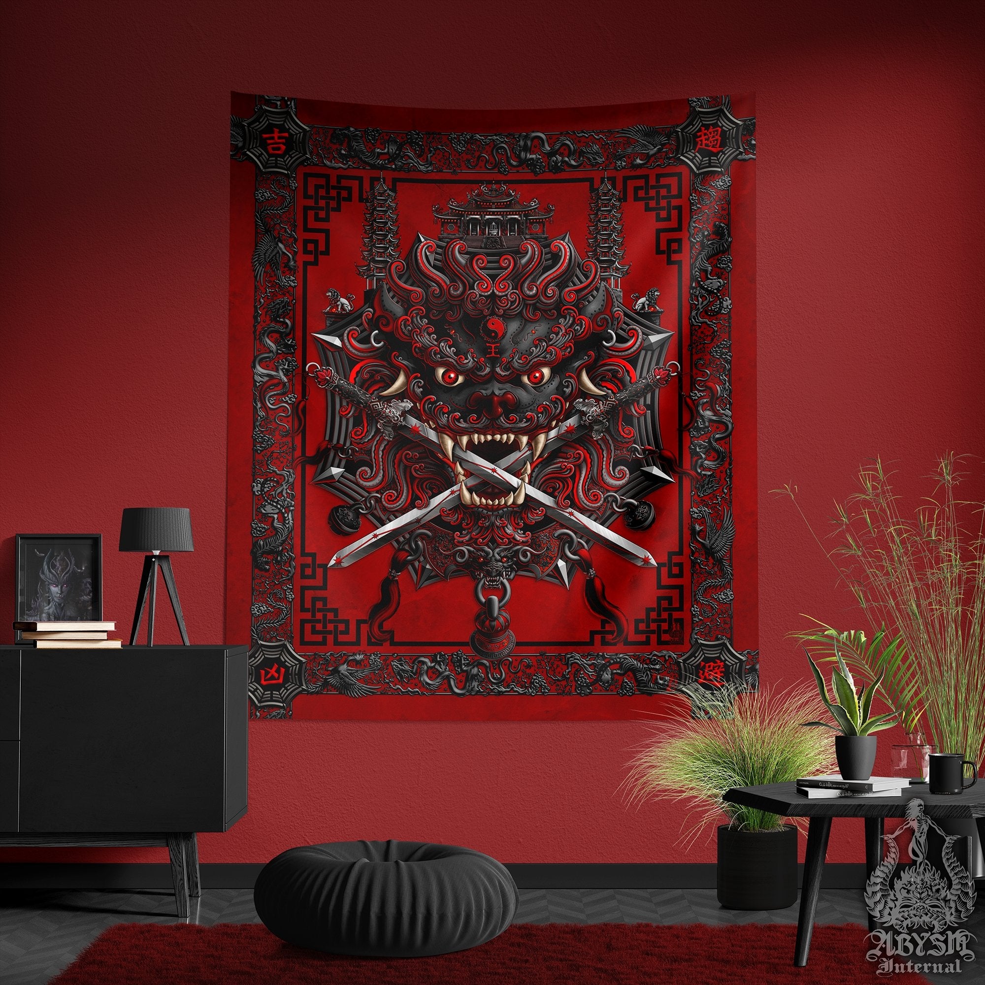 Lion Tapestry, Taiwan Sword Lion, Chinese Wall Hanging, Gamer Home Decor, Asian Mythology - Bloody Gothic - Abysm Internal