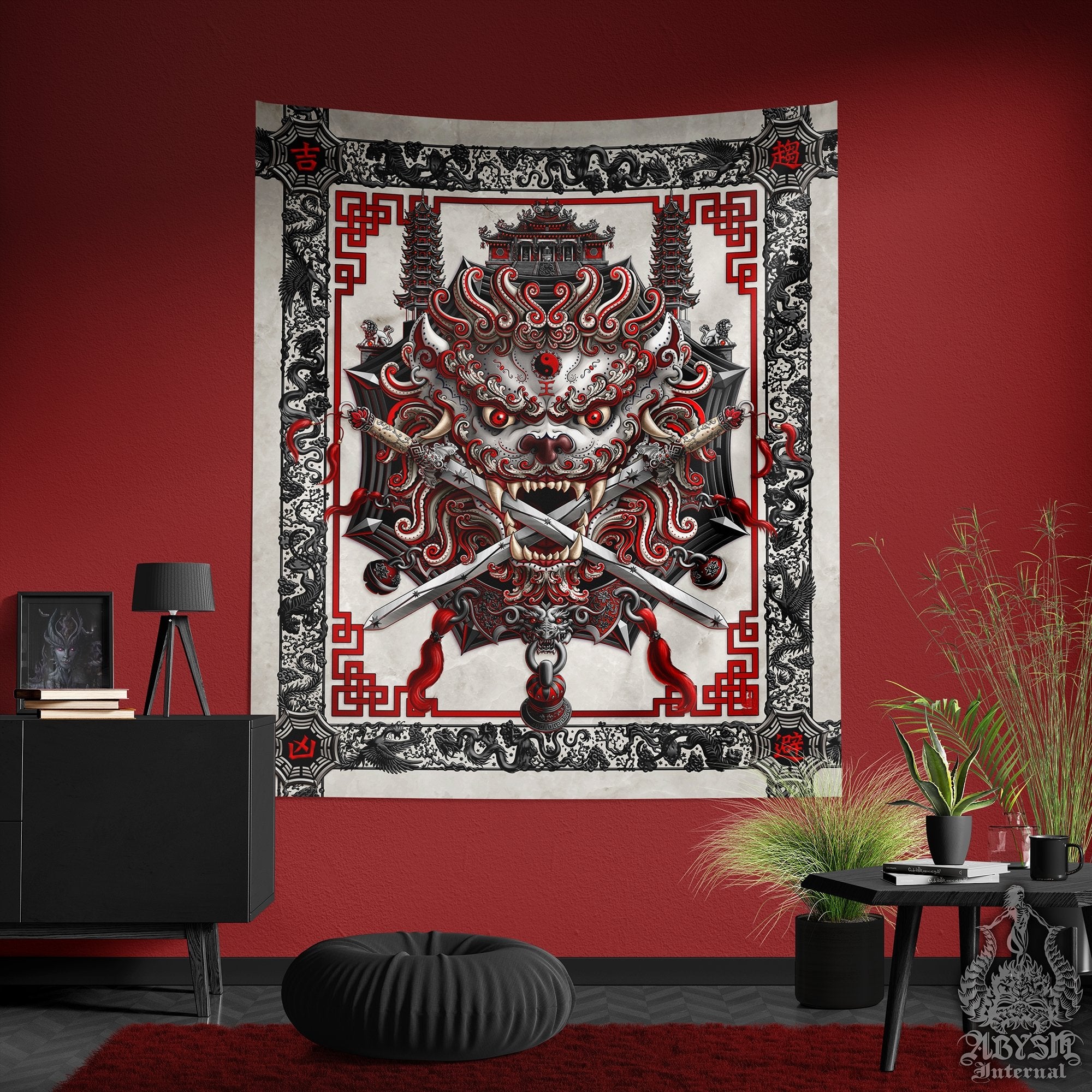 Lion Tapestry, Taiwan Sword Lion, Chinese Wall Hanging, Gamer Home Decor, Asian Mythology - Bloody White Goth - Abysm Internal