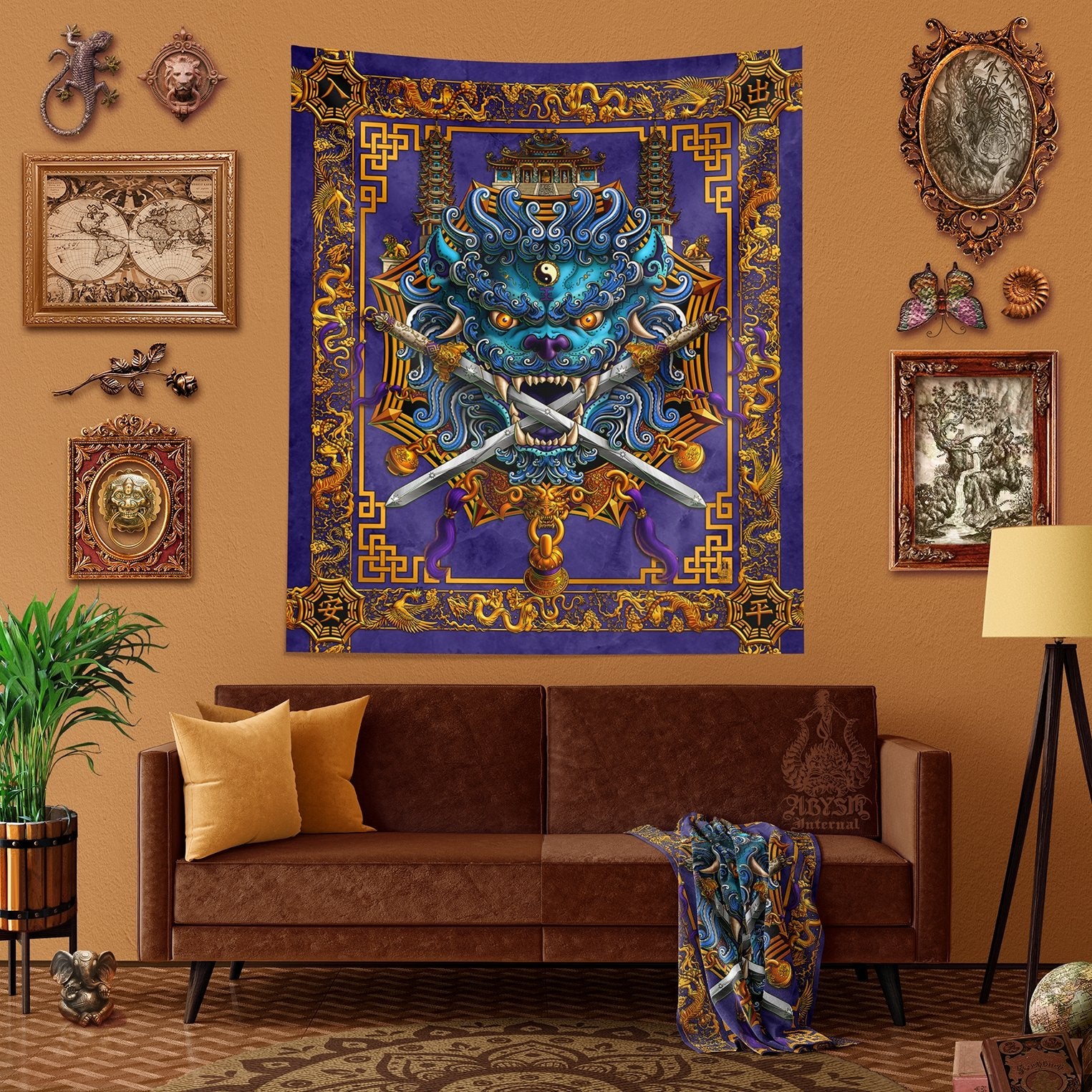 Lion Tapestry, Taiwan Sword Lion, Chinese Wall Hanging, Gamer Home Decor, Asian Mythology - Blue and Purple - Abysm Internal
