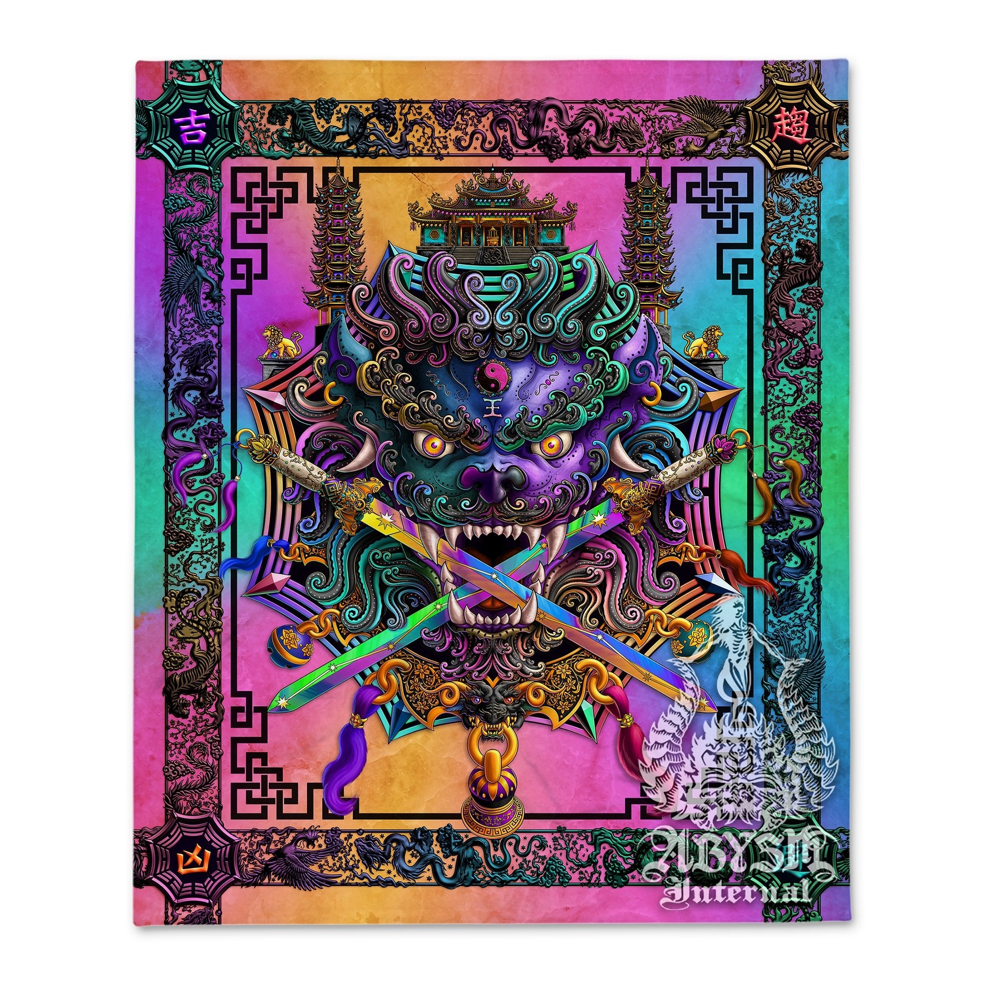 Lion Tapestry, Taiwan Sword Lion, Chinese Wall Hanging, Gamer Home Decor, Asian Mythology, Eclectic and Funky - Pastel Punk Black - Abysm Internal