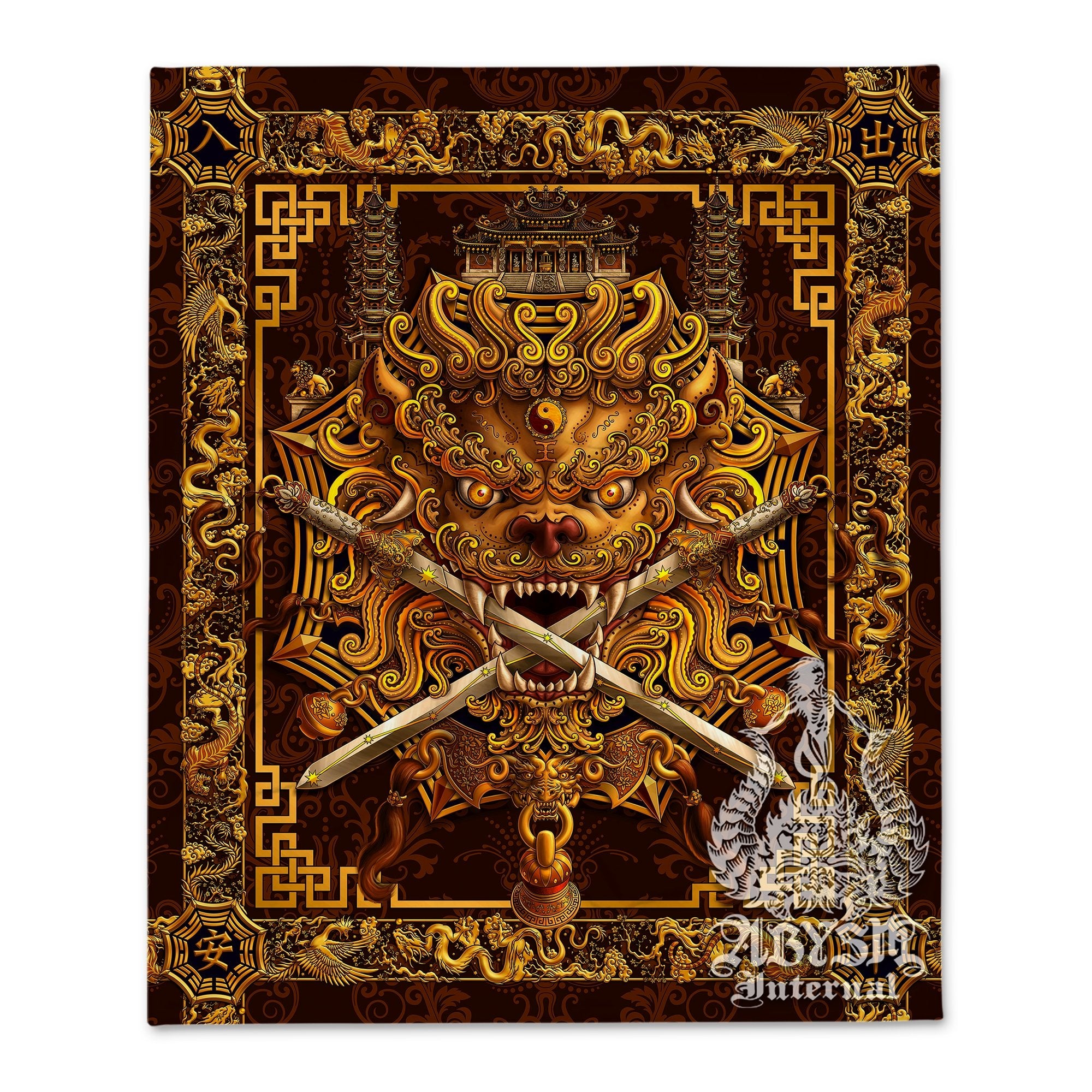 Lion Tapestry, Taiwan Sword Lion, Chinese Wall Hanging, Gamer Home Decor,  Asian Mythology - Gold