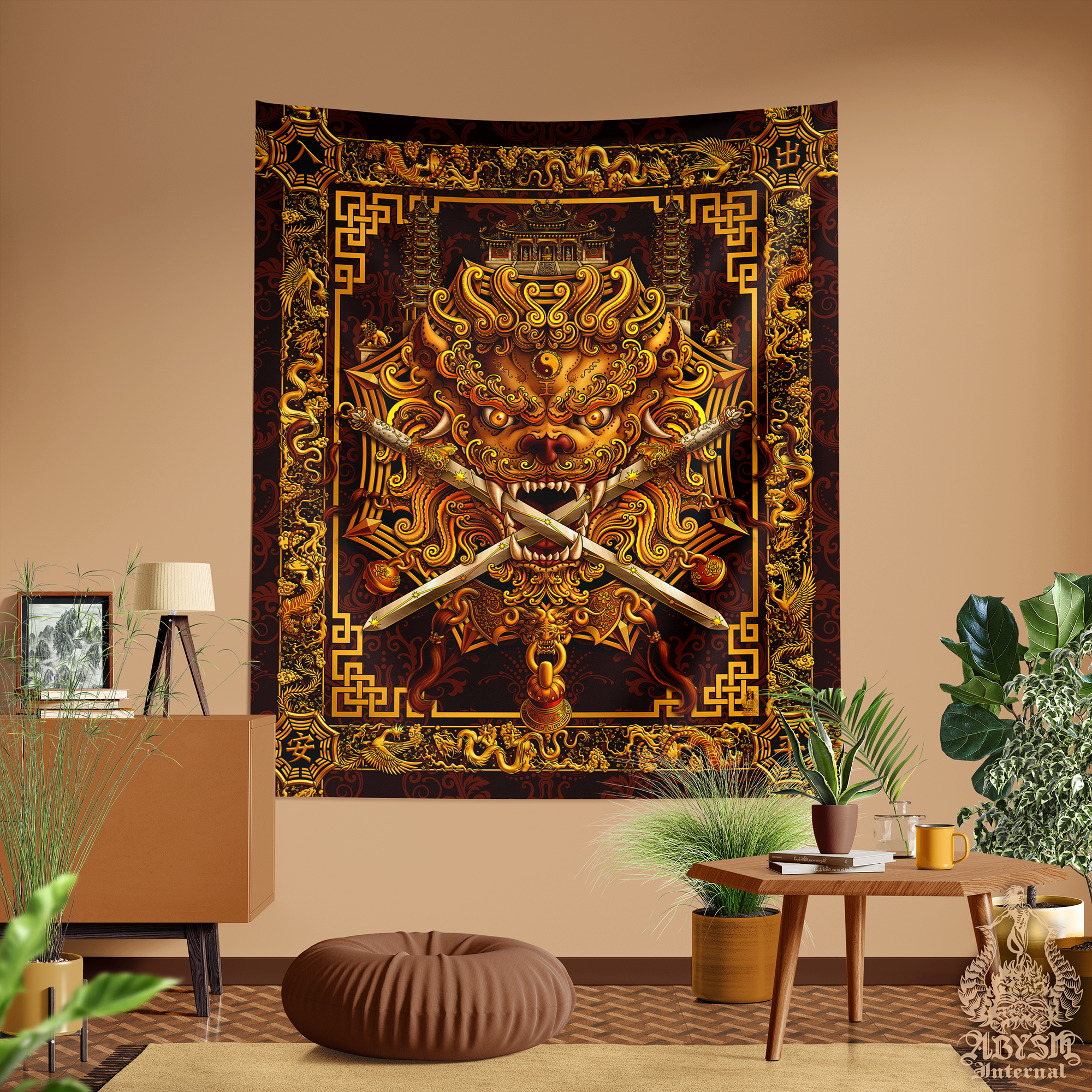 Lion Tapestry, Taiwan Sword Lion, Chinese Wall Hanging, Gamer Home Decor,  Asian Mythology - Gold