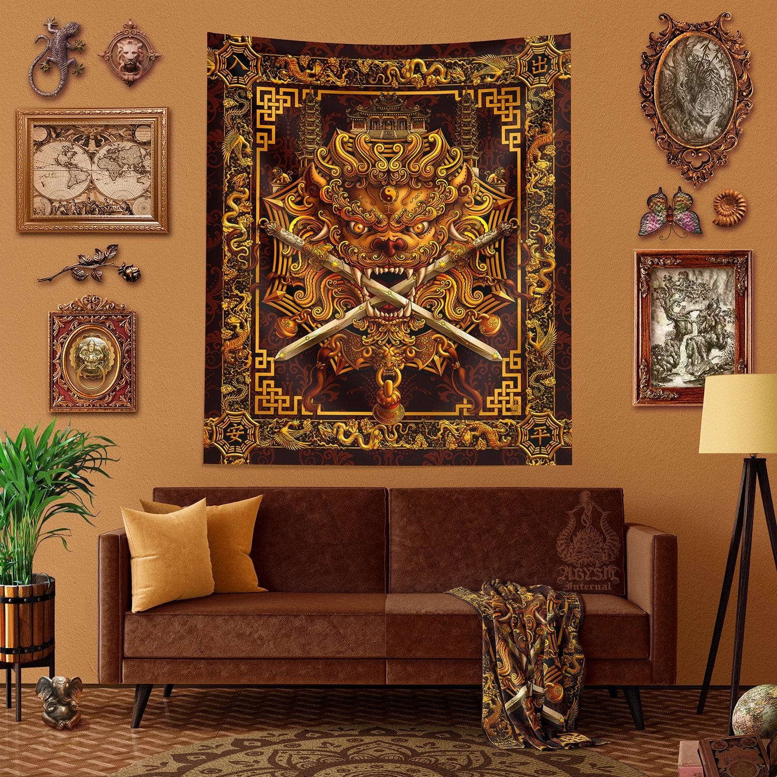 Lion Tapestry, Taiwan Sword Lion, Chinese Wall Hanging, Gamer Home Decor, Asian Mythology - Gold - Abysm Internal