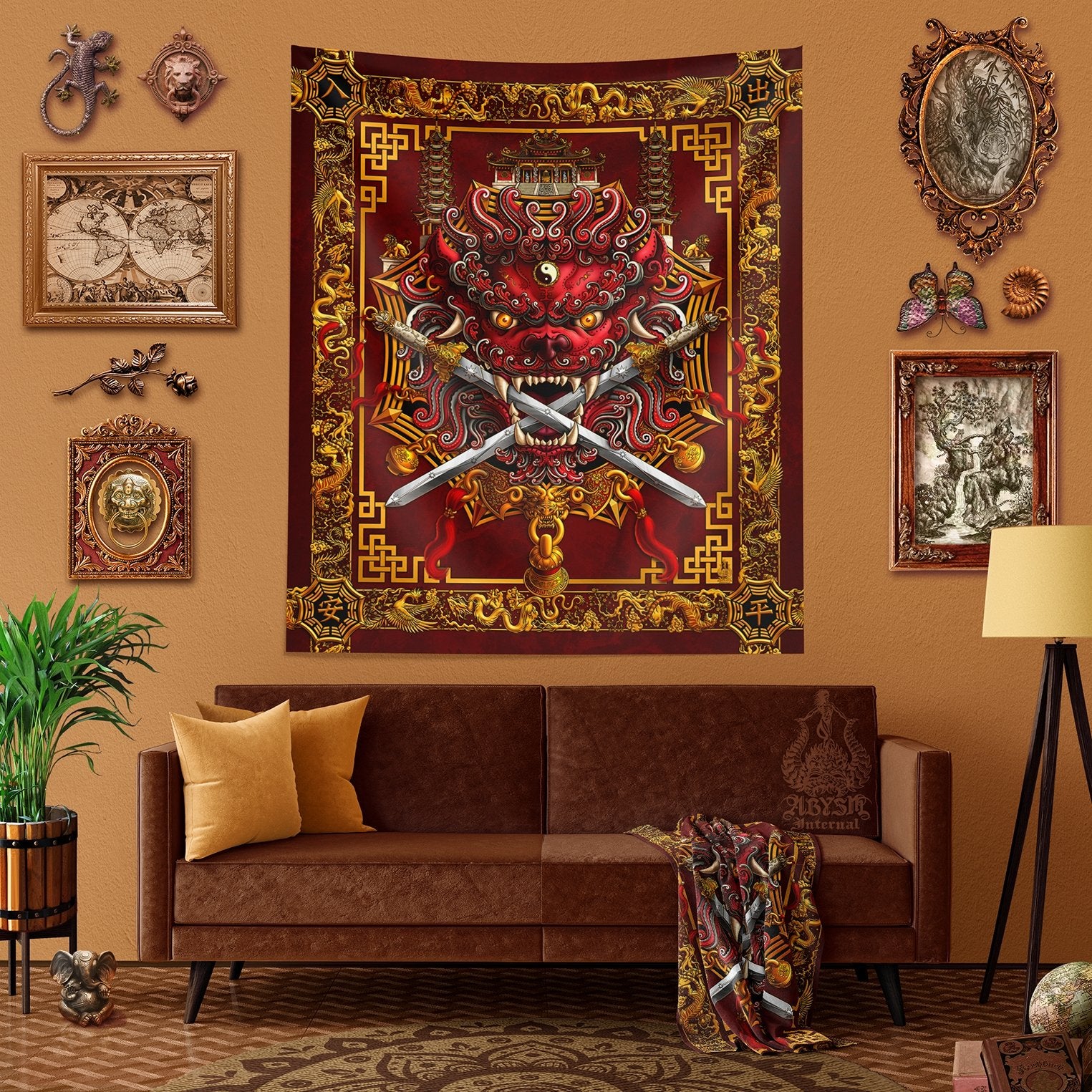 Lion Tapestry, Taiwan Sword Lion, Chinese Wall Hanging, Gamer Home Decor, Asian Mythology - Red - Abysm Internal