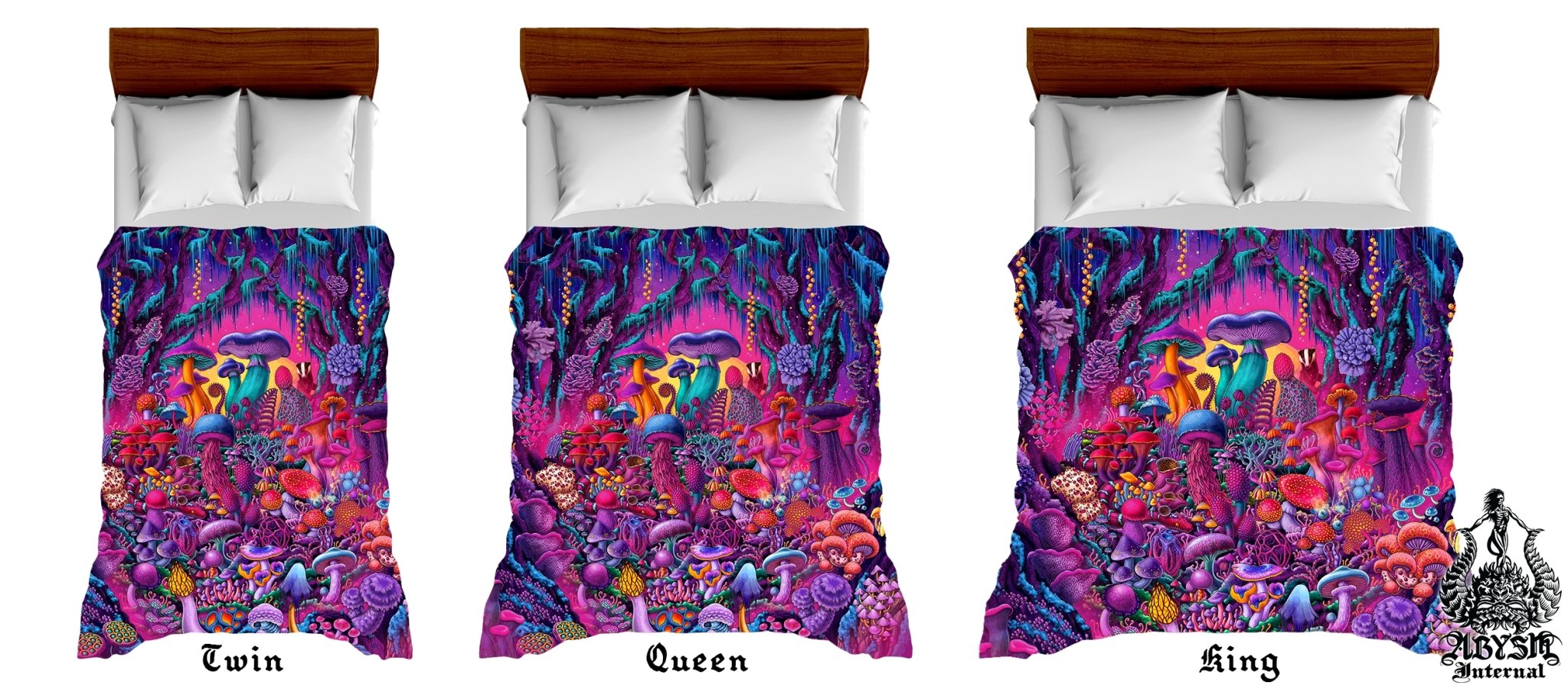Magic Mushrooms Bedding Set, Comforter and Duvet, Psychedelic Vaporwave Bed Cover and Retrowave Bedroom Decor, King, Queen and Twin Size, Gamer 80s Room - Synthwave - Abysm Internal