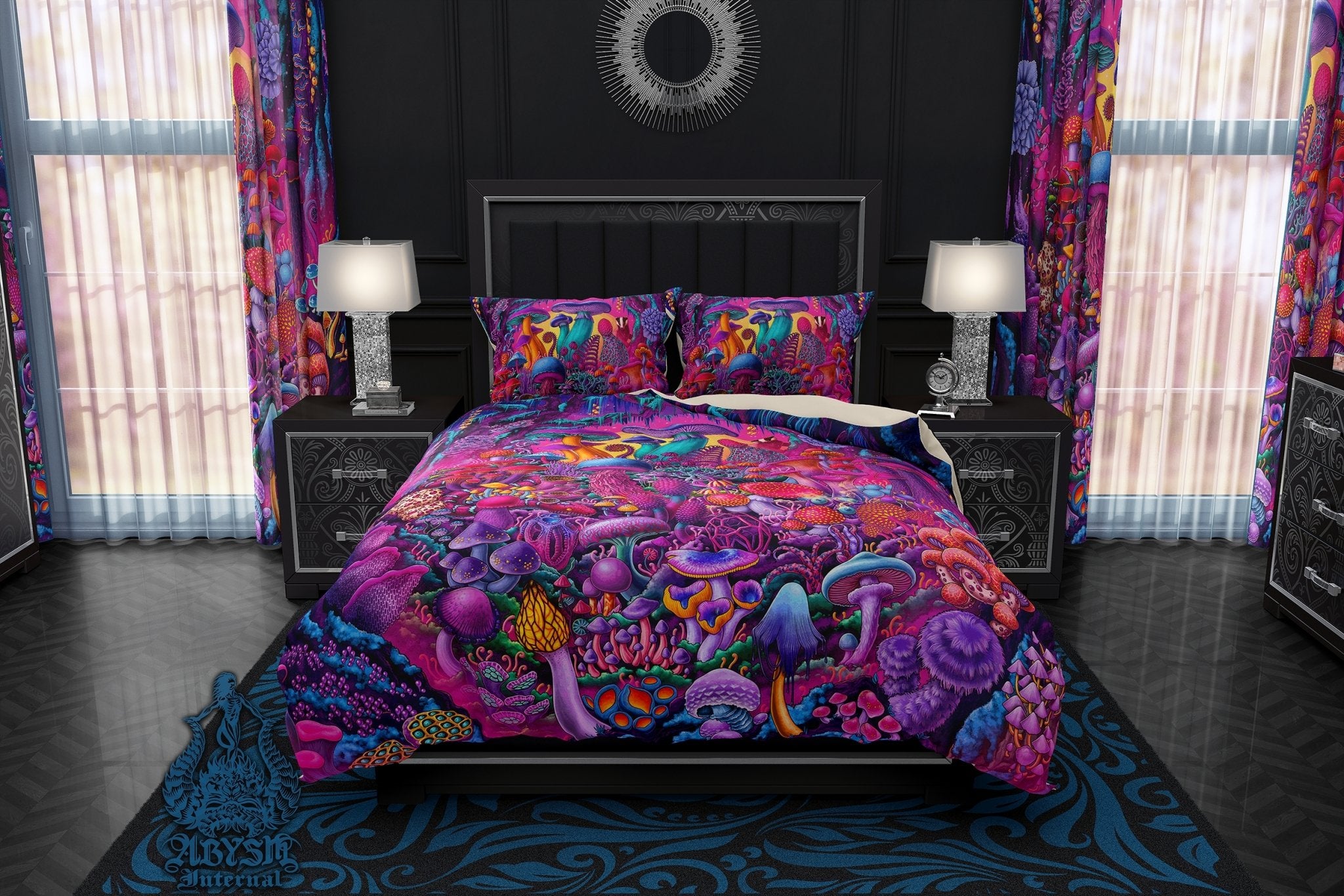 Magic Mushrooms Bedding Set, Comforter and Duvet, Psychedelic Vaporwave Bed Cover and Retrowave Bedroom Decor, King, Queen and Twin Size, Gamer 80s Room - Synthwave - Abysm Internal