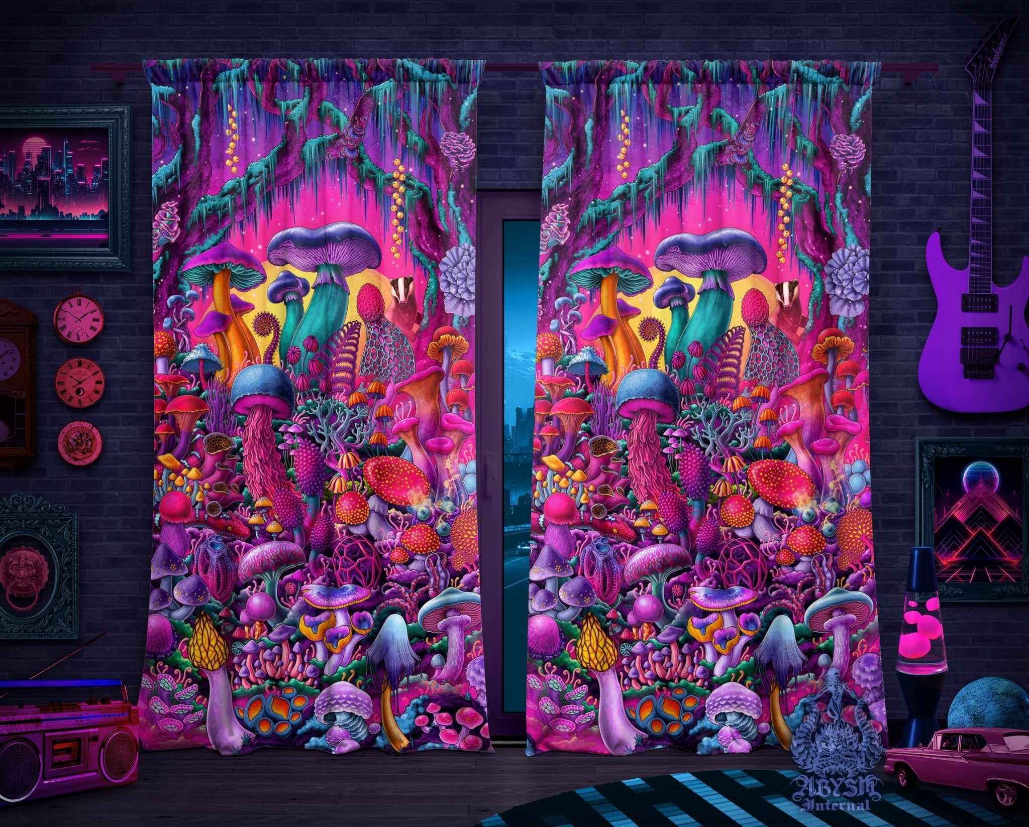 Magic Shrooms Blackout Curtains, Long Window Panels, Psychedelic Vaporwave Art Print, Synthwave Kids Room Decor, 80s Gamer Retrowave Home and Shop Decor - Mushrooms - Abysm Internal