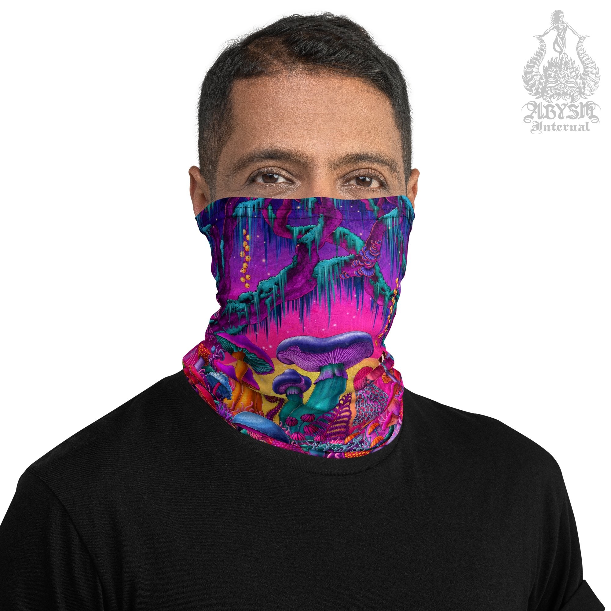 Magic Shrooms Neck Gaiter, Psychedelic Mushrooms Face Mask, Synthwave Head Covering, Vaporwave 80s Retrowave, Festival Outfit - Abysm Internal