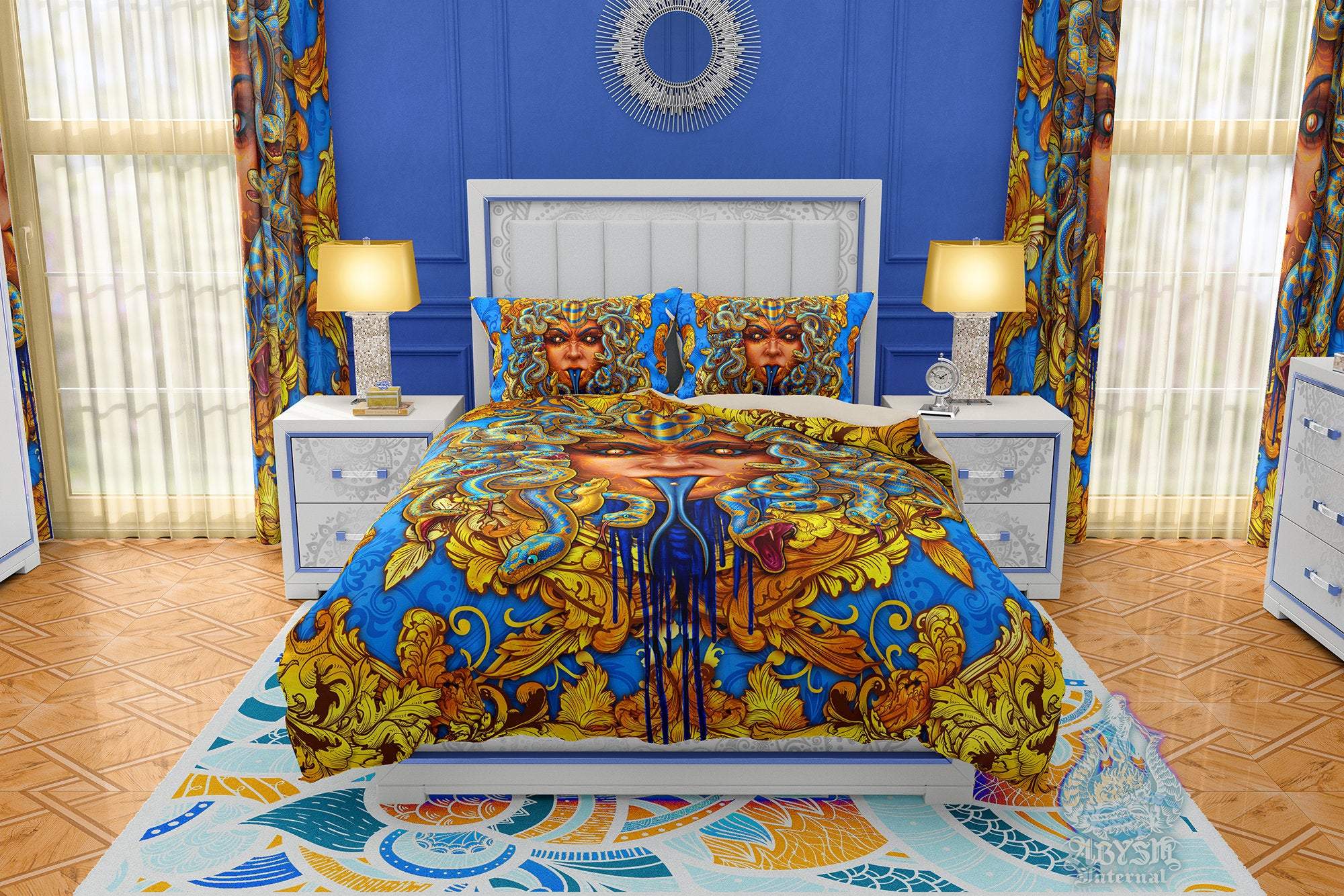 Medusa Bedding Set, Comforter and Duvet, Indie Bed Cover, Victorian Bedroom Decor, King, Queen and Twin Size - Cyan and Gold - Abysm Internal
