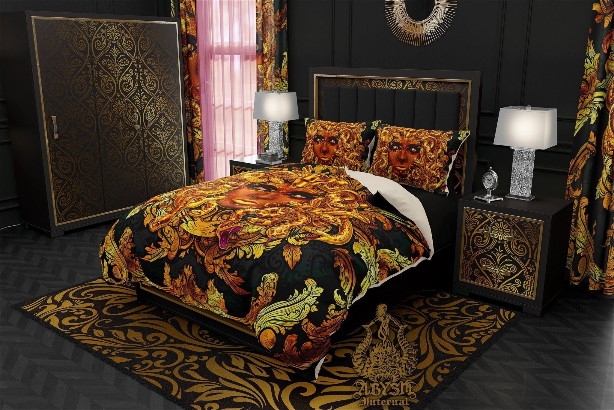 Medusa Bedding Set, Comforter and Duvet, Victorian Gothic Bed Cover and Bedroom Decor, King, Queen and Twin Size - Gold - Abysm Internal
