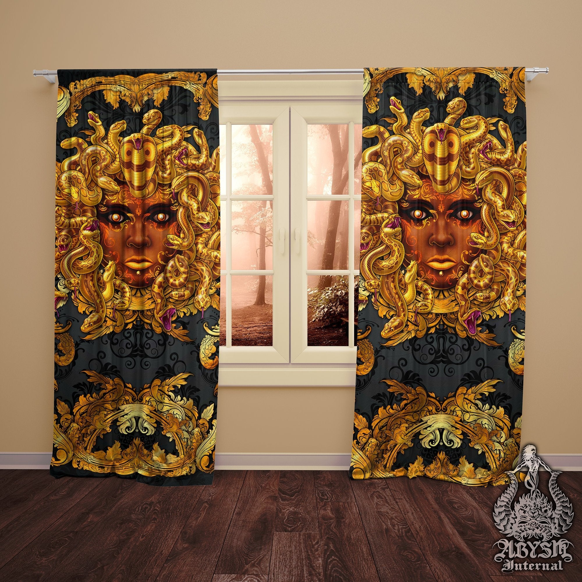 Medusa Blackout Curtains, Long Window Panels, Baroque Art Print, Victorian Goth, Vintage Room Decor - Gold Snakes - Abysm Internal