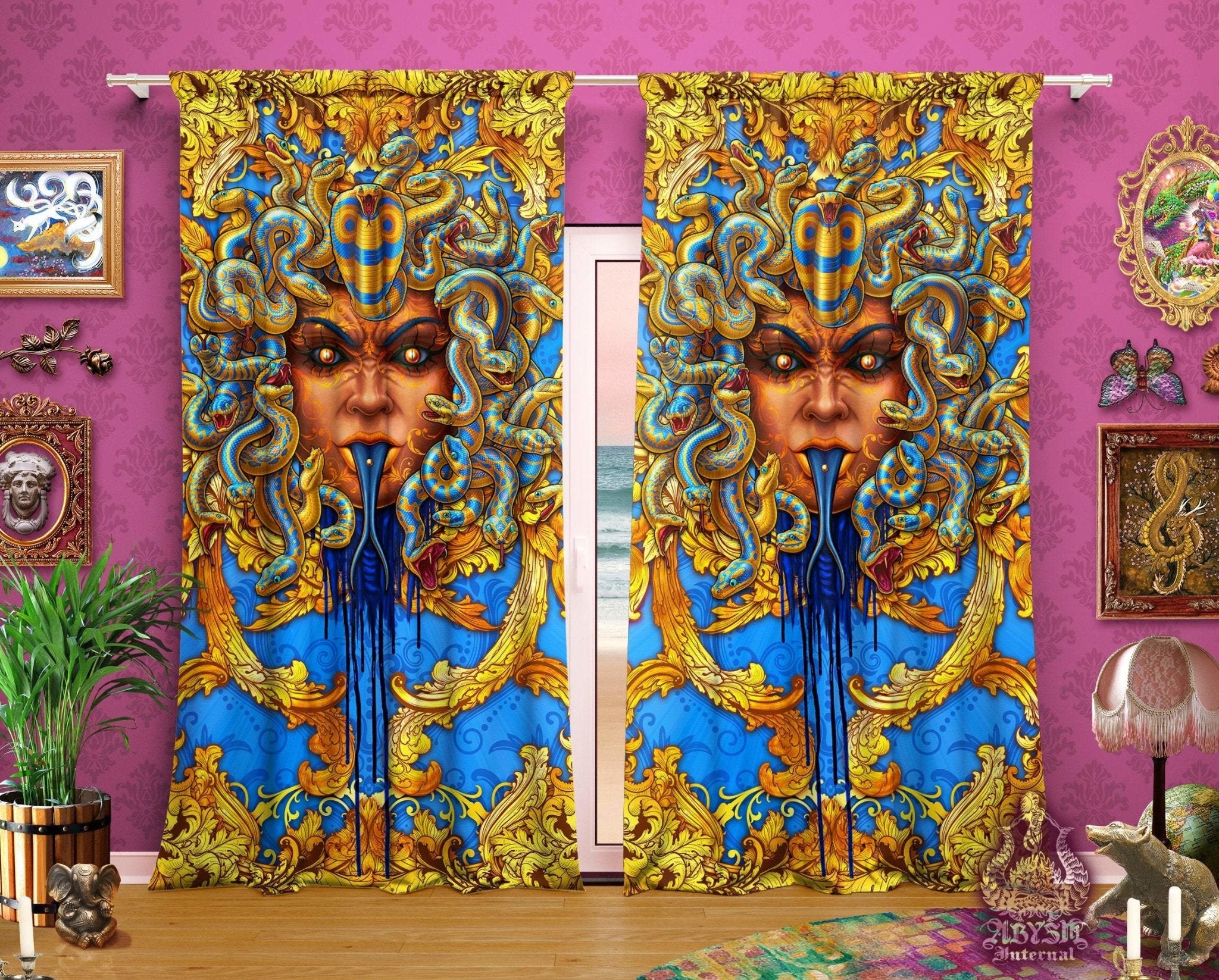 Medusa Blackout Curtains, Long Window Panels, Baroque Art Print, Vintage Room Decor, Funky and Eclectic Home Decor - Cyan & Gold Snakes - Abysm Internal
