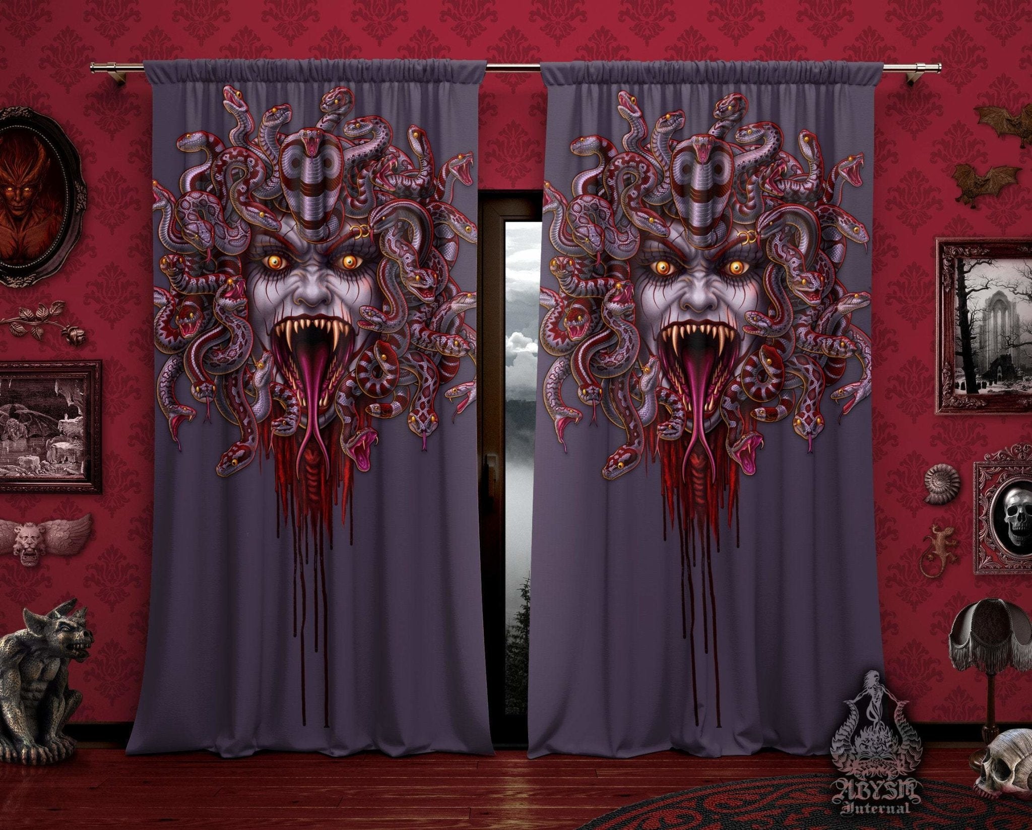Medusa Blackout Curtains, Long Window Panels, Goth Art Print, Halloween Room Decor - Bloody Ash, Grey Snakes, Enraged - Abysm Internal