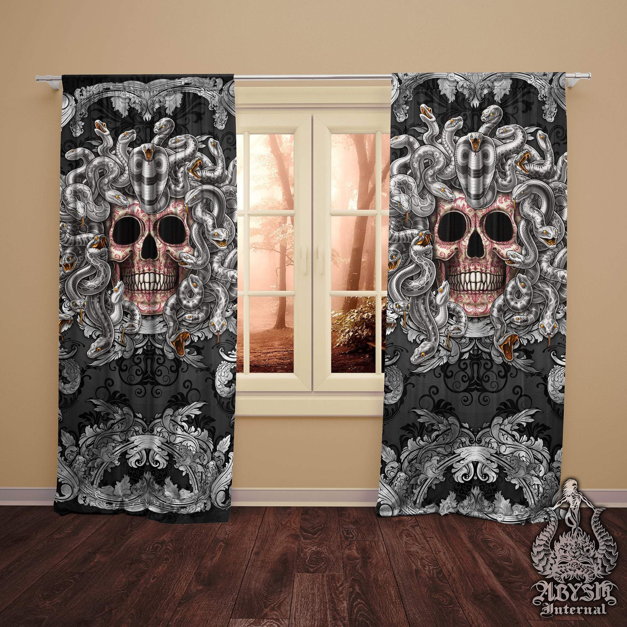 Medusa Blackout Curtains, Long Window Panels, Skull Art Print, Macabre Decor - Silver Snakes - Abysm Internal