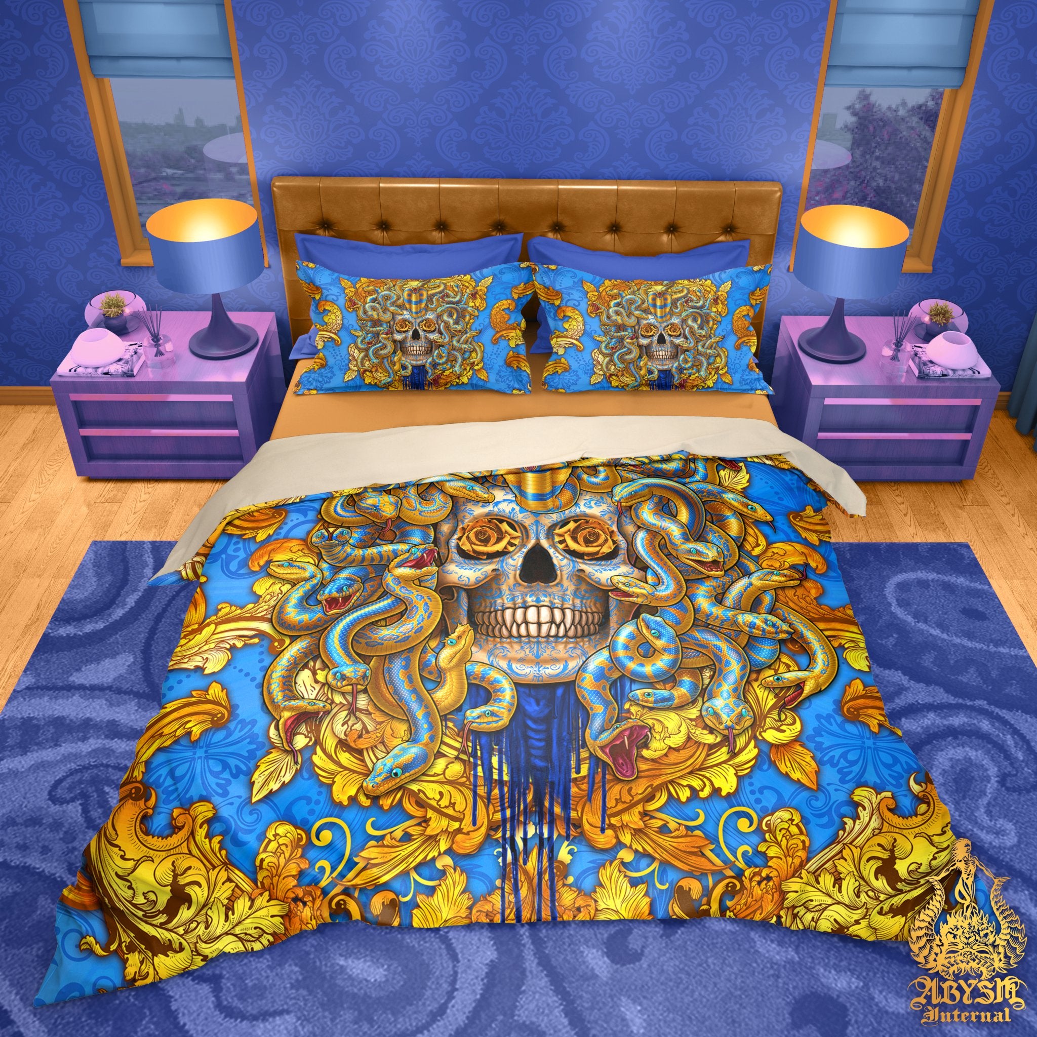 Medusa Comforter or Duvet, Indie Bed Cover, Victorian Bedroom Decor, King, Queen & Twin Bedding Set, Ecclectic Skull Art - Cyan Blue and Gold, 2 Faces - Abysm Internal