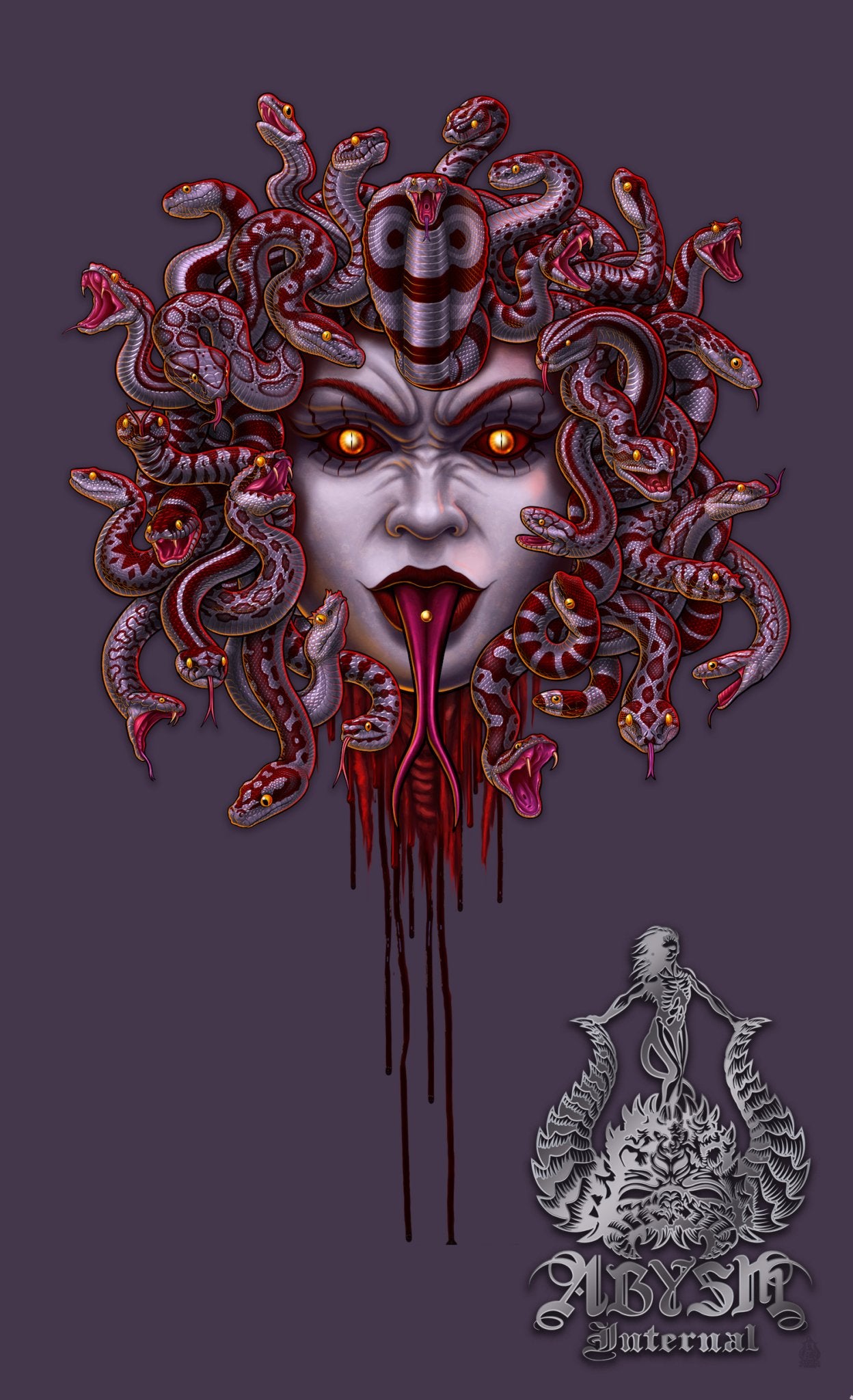 Medusa Curtains, 50x84' Printed Window Panels, Goth Art Print, Halloween Room Decor - Bloody Ash, Grey Snakes, 3 Faces - Abysm Internal