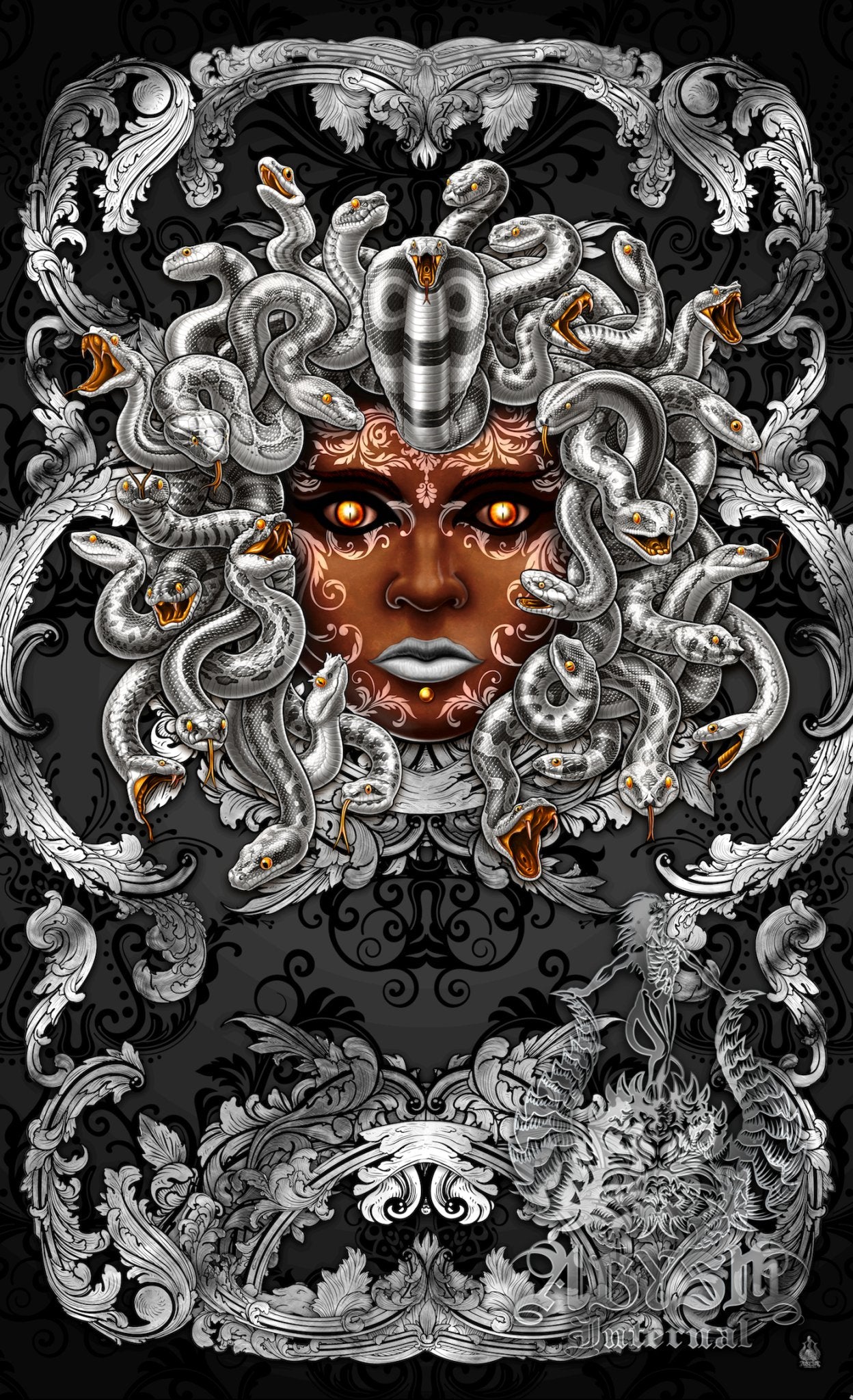 Medusa Curtains, 50x84' Printed Window Panels, Skull Art Print, Macabre Decor - Silver Snakes, 2 Faces - Abysm Internal