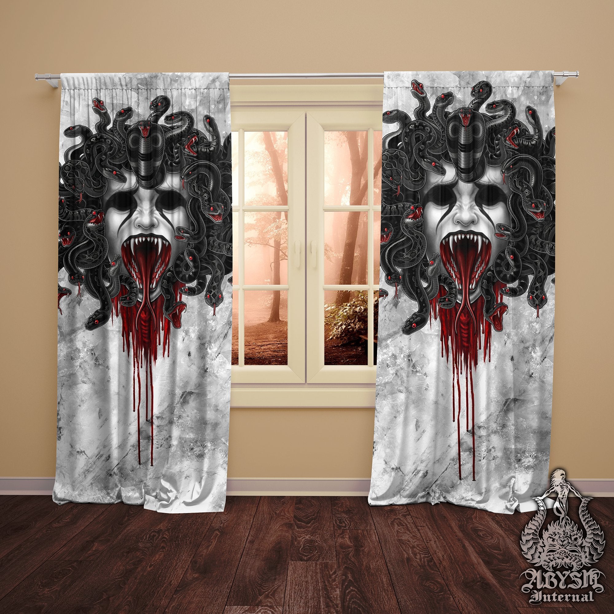 Medusa Curtains, 50x84' Printed Window Panels, White Goth Home Decor, Art Print - 2 Faces, 3 Colors - Abysm Internal