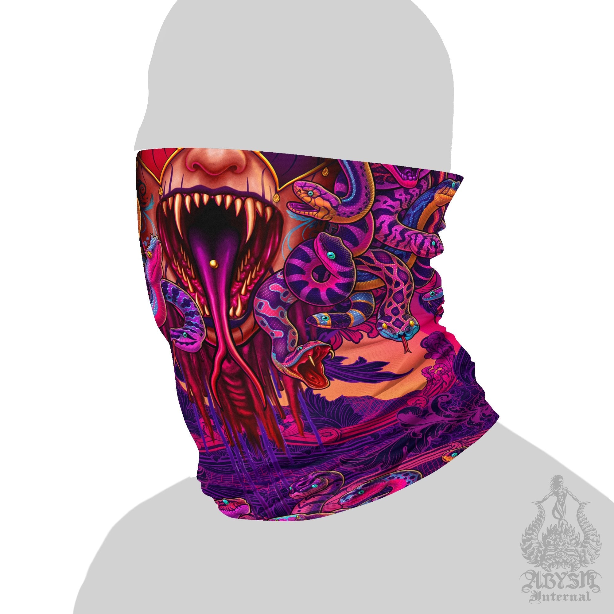Medusa Neck Gaiter, Face Mask, Head Covering, Snakes Headband, Retrowave Skull, Vaporwave Outfit - Pastel Harlequin, 4 Face Options - Abysm Internal