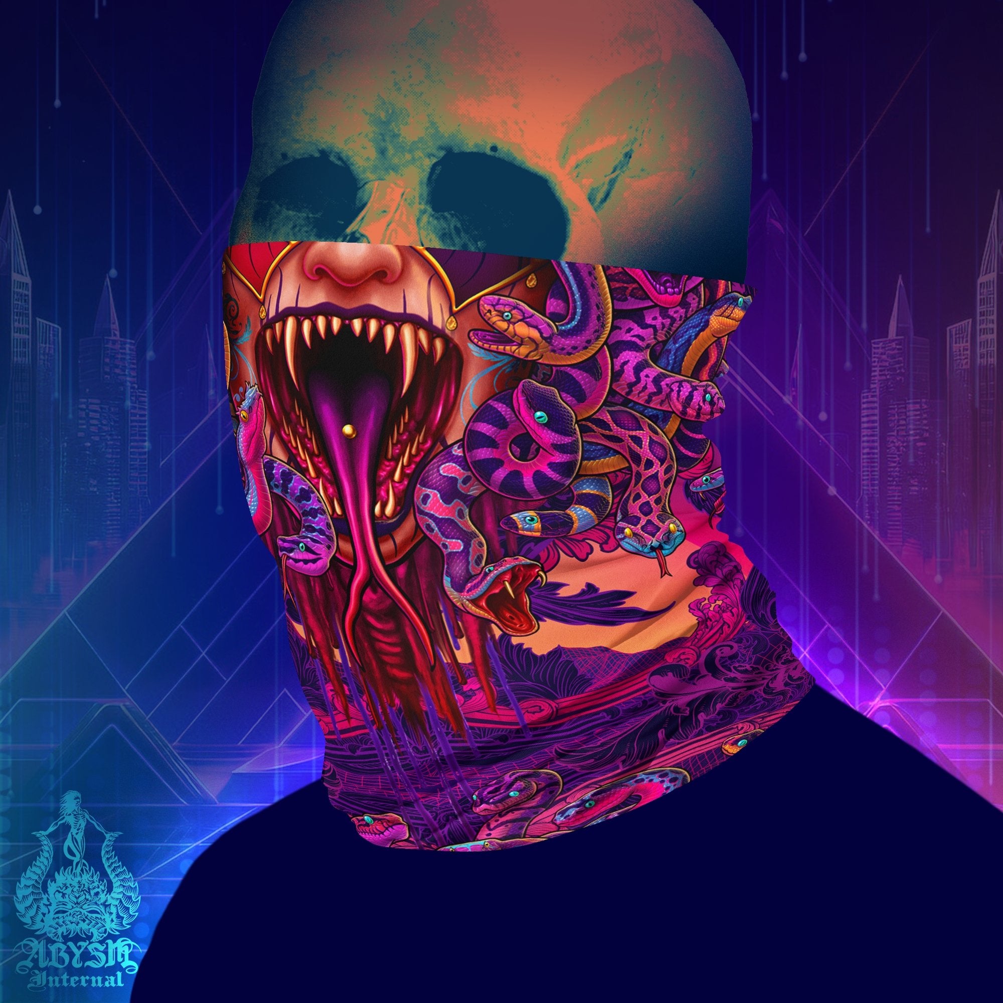 Medusa Neck Gaiter, Face Mask, Head Covering, Snakes Headband, Retrowave Skull, Vaporwave Outfit - Pastel Harlequin, 4 Face Options - Abysm Internal