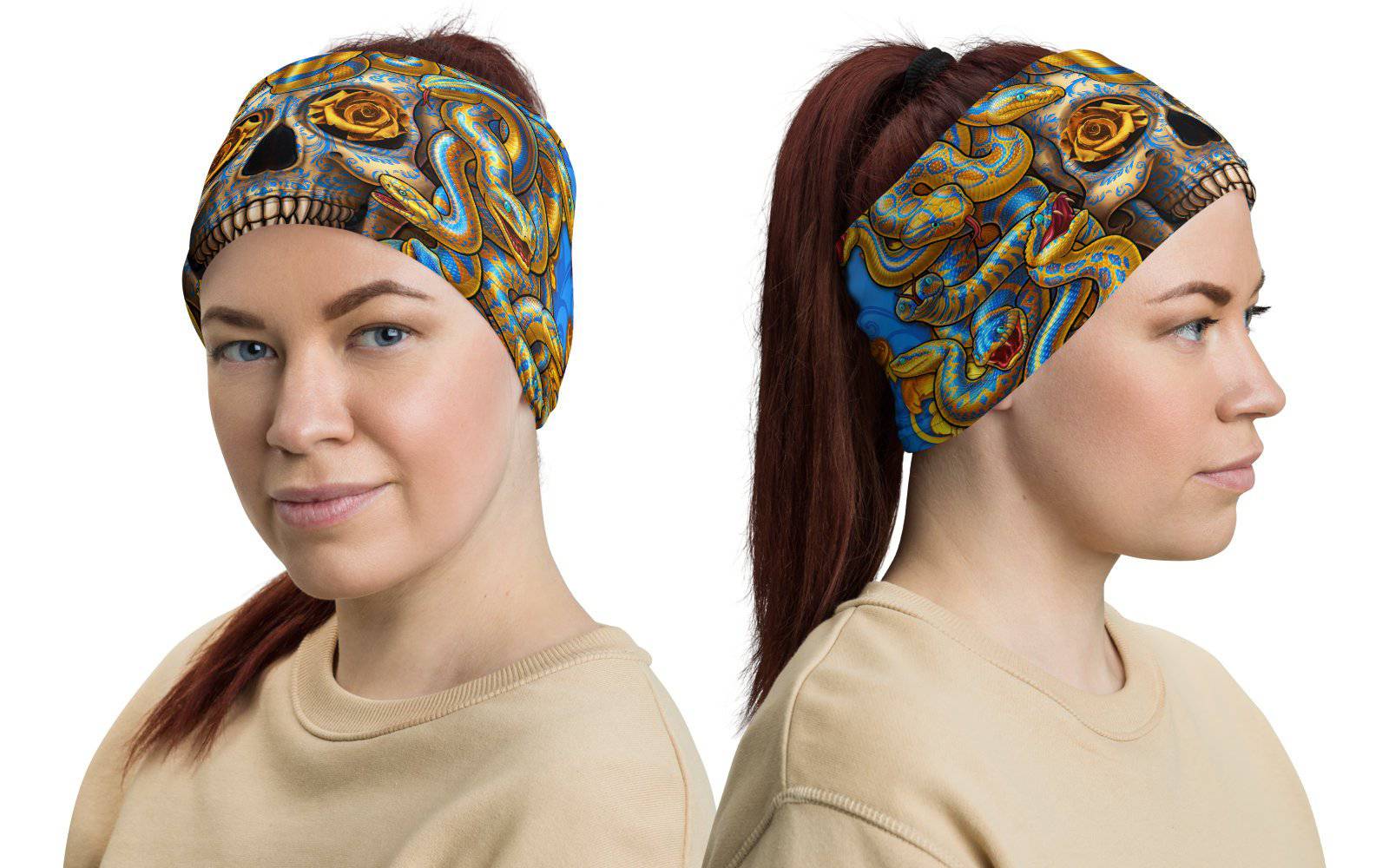 Medusa Neck Gaiter, Face Mask, Head Covering, Snakes Headband, Skull, Fantasy Outfit - Cyan & Gold, 2 Face Options - Abysm Internal