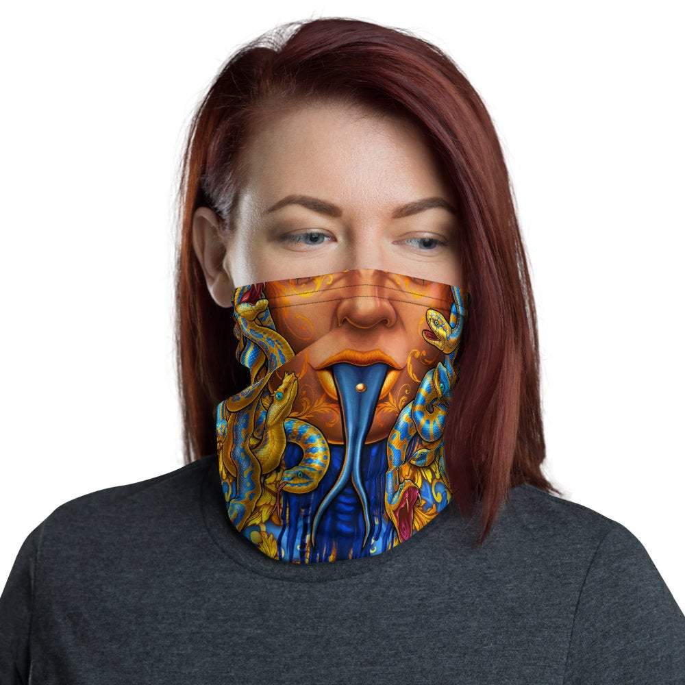 Medusa Neck Gaiter, Face Mask, Head Covering, Snakes Headband, Skull, Fantasy Outfit - Cyan & Gold, 2 Face Options - Abysm Internal