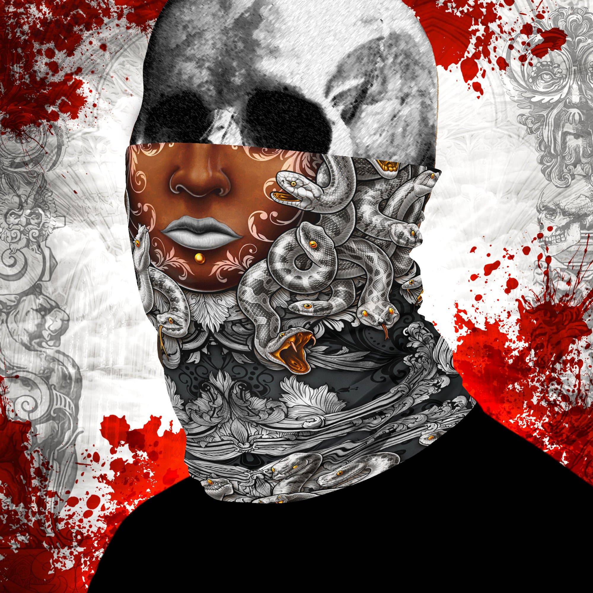 Medusa Neck Gaiter, Face Mask, Head Covering, Snakes Headband, Skull, Fantasy Outfit - Silver, 2 Face Options - Abysm Internal