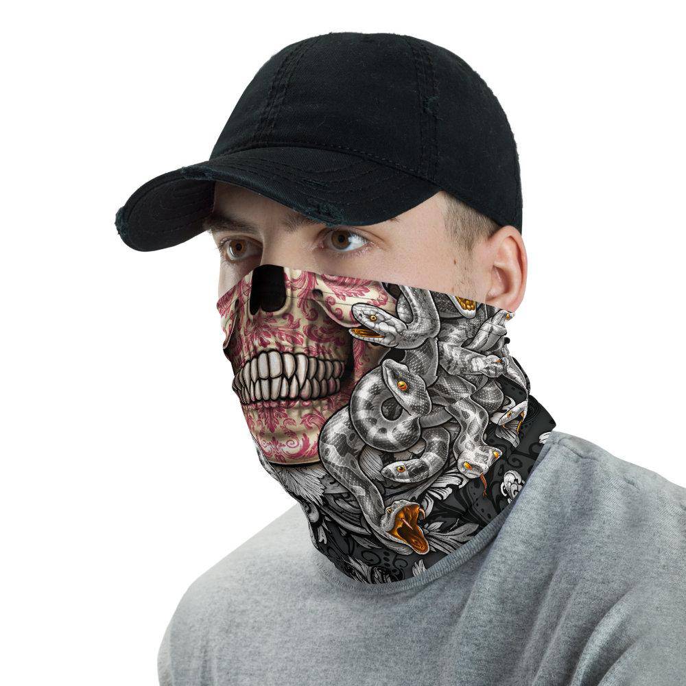 Medusa Neck Gaiter, Face Mask, Head Covering, Snakes Headband, Skull, Fantasy Outfit - Silver, 2 Face Options - Abysm Internal