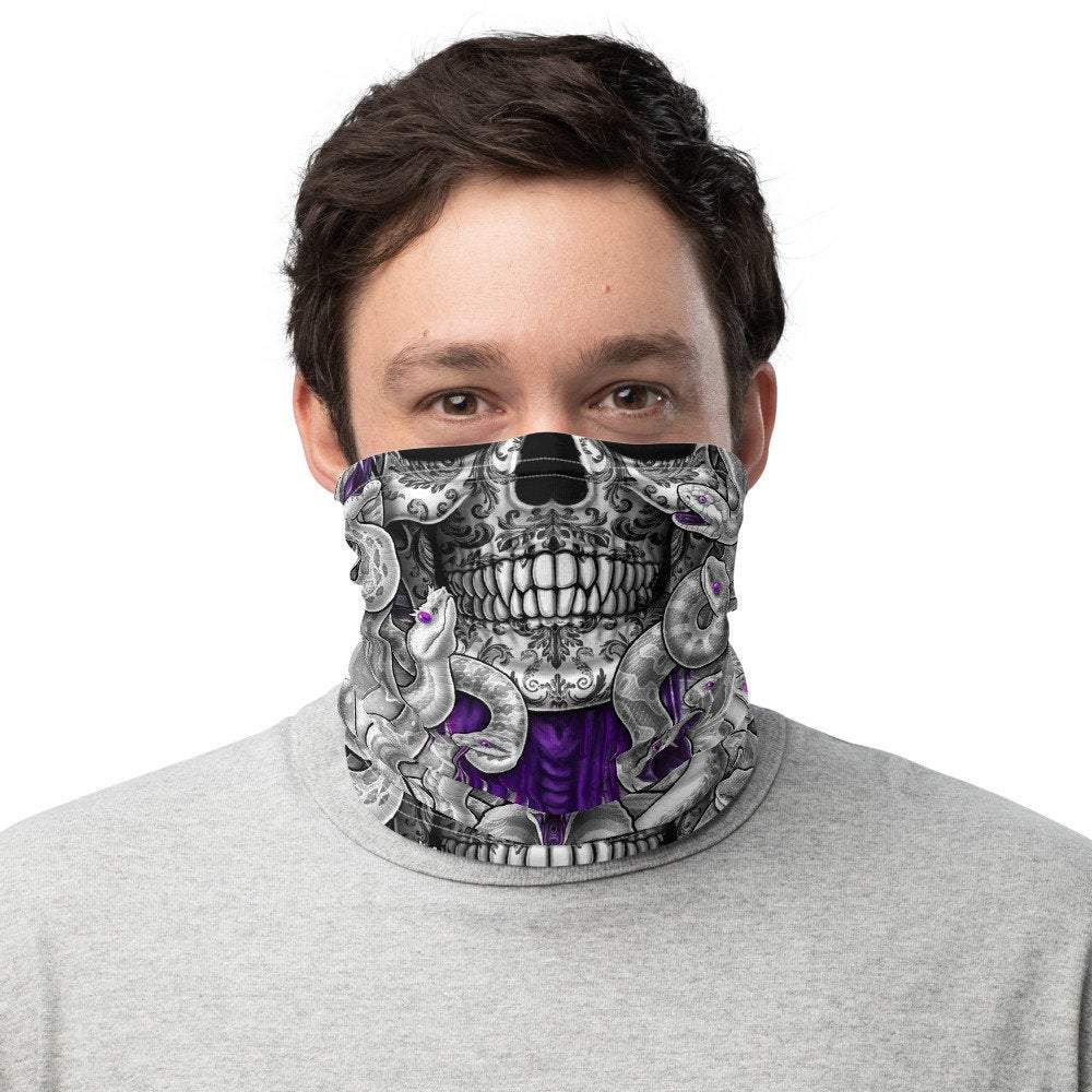 Medusa Neck Gaiter, Face Mask, Head Covering, Snakes Headband, Skull, Gothic, Horror Outfit - White Goth & Purple, 4 Face Options - Abysm Internal