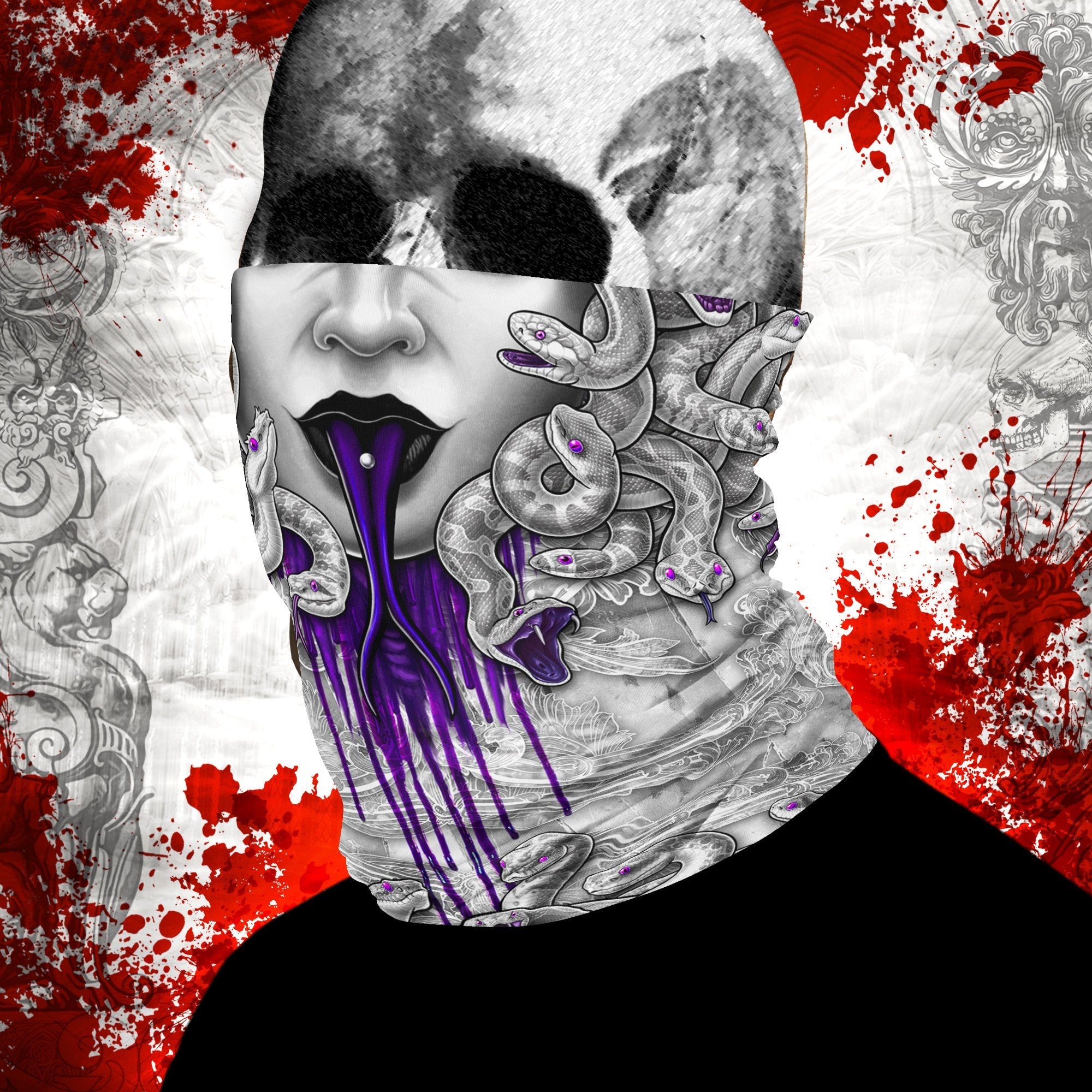 Medusa Neck Gaiter, Face Mask, Head Covering, Snakes Headband, Skull, Gothic, Horror Outfit - White Goth & Purple, 4 Face Options - Abysm Internal