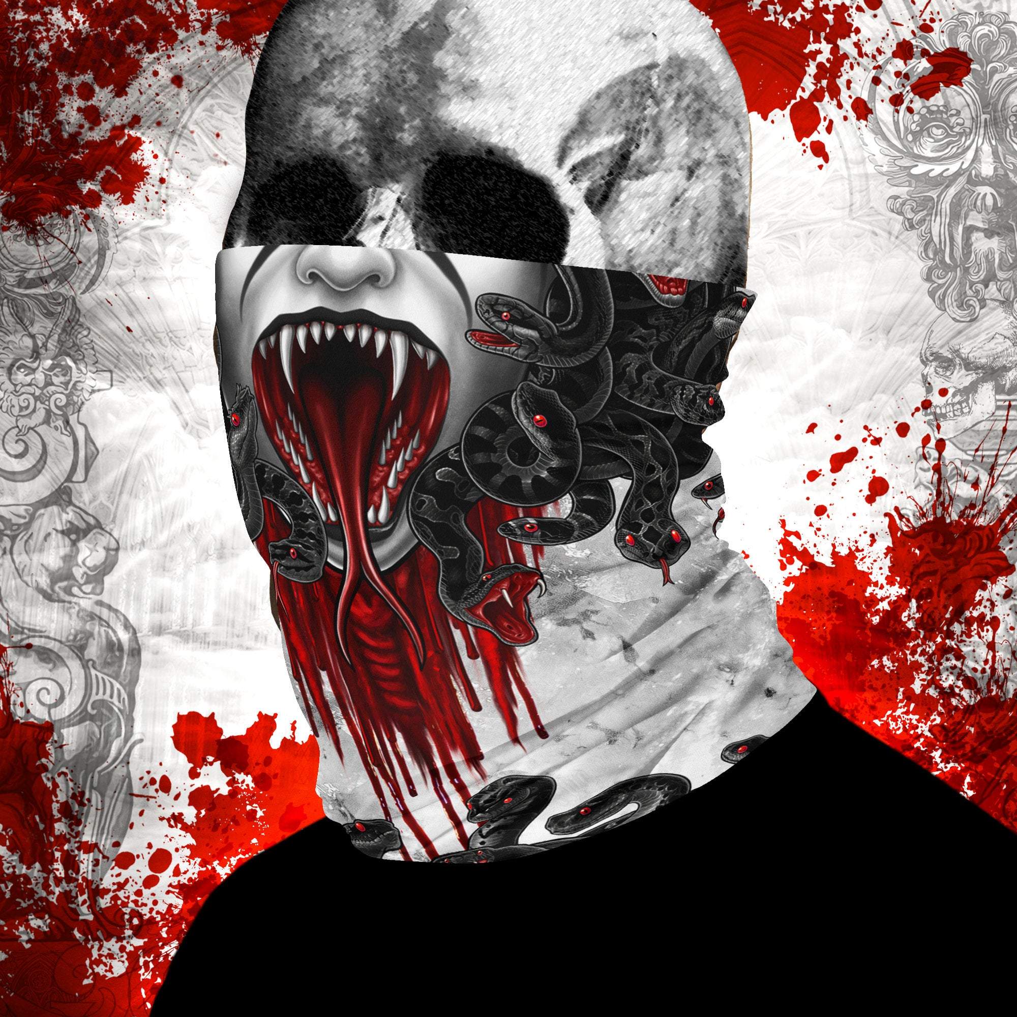 Medusa Neck Gaiter, Face Mask, Head Covering, Snakes Headband, White Goth, Skull Art - Black, 2 Face Options - Abysm Internal