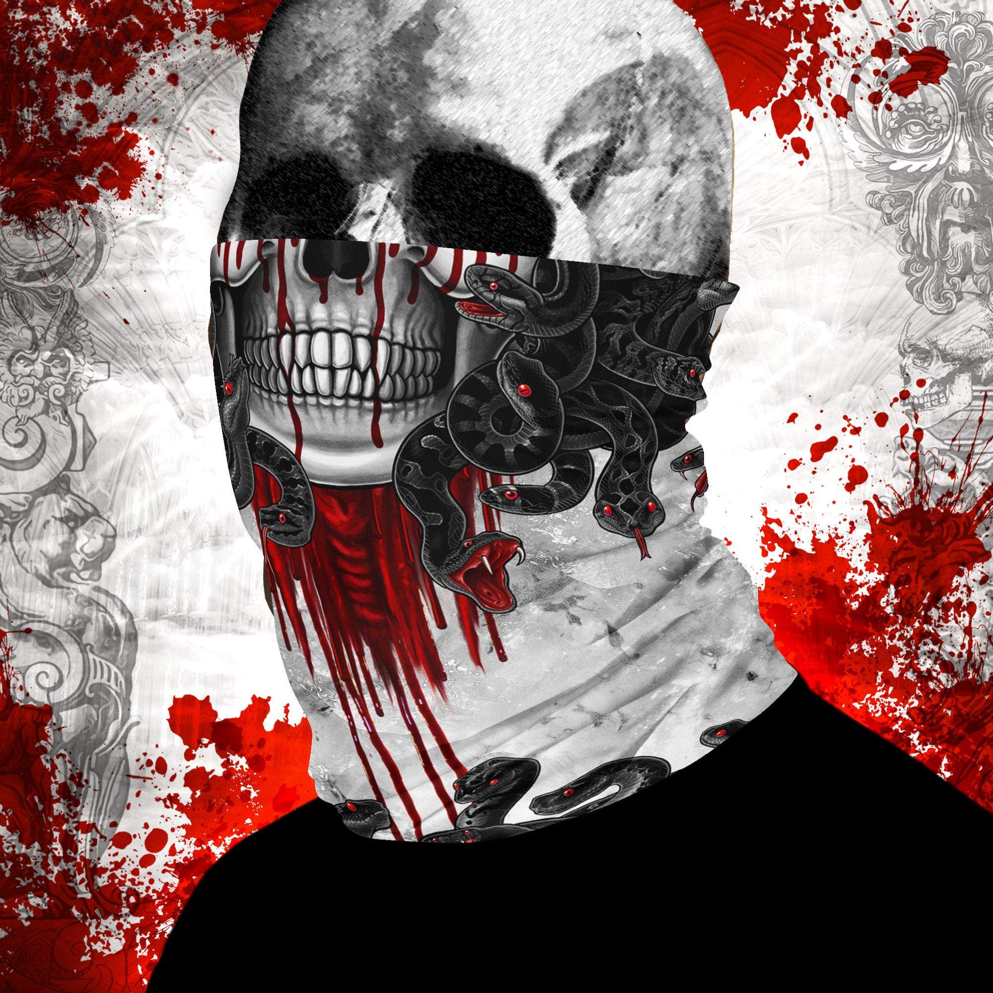 Medusa Neck Gaiter, Face Mask, Head Covering, Snakes Headband, White Goth, Skull Art - Black, 2 Face Options - Abysm Internal
