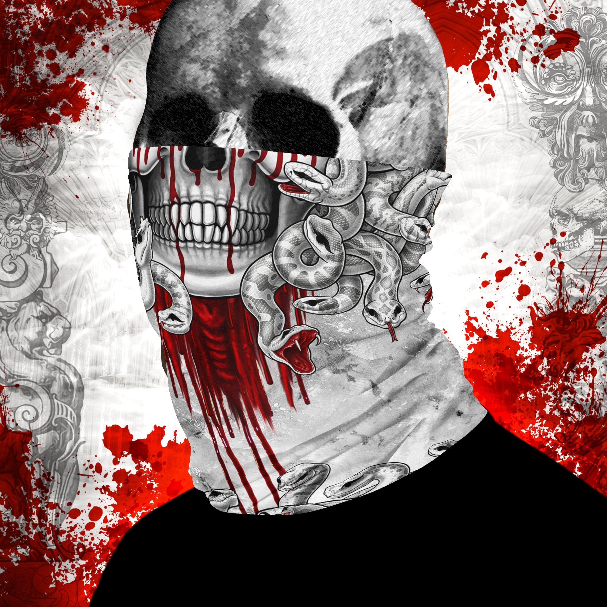 Medusa Neck Gaiter, Face Mask, Printed Head Covering, Snakes Headband, White Goth Skull, Skull Art - 2 Faces, 3 Colors - Abysm Internal