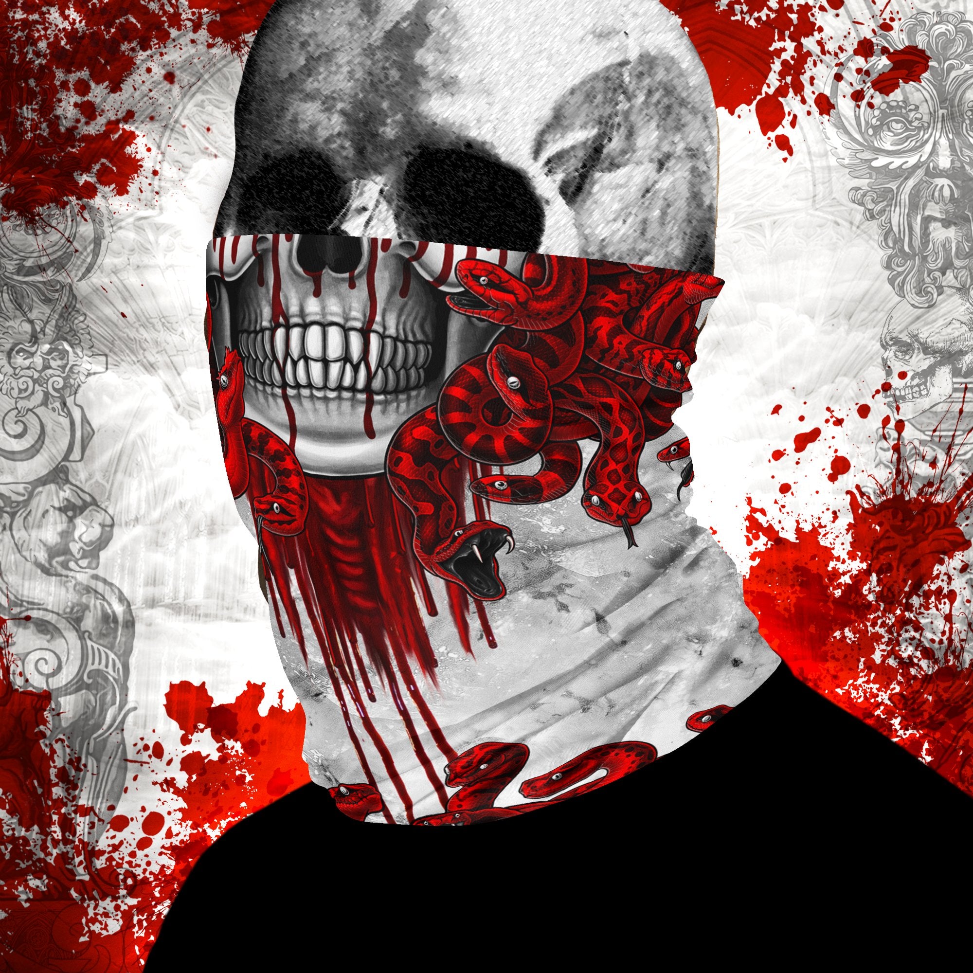 Medusa Neck Gaiter, Face Mask, Printed Head Covering, Snakes Headband, White Goth Skull, Skull Art - 2 Faces, 3 Colors - Abysm Internal