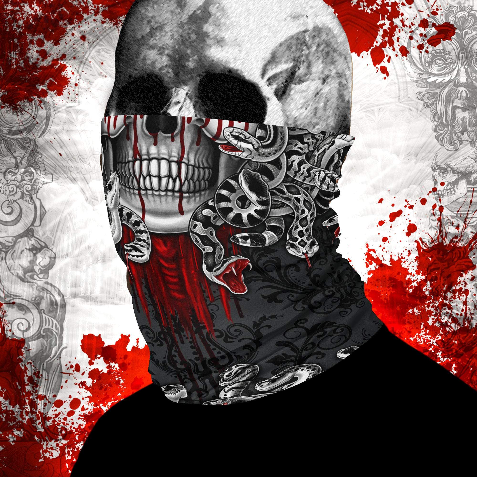 Medusa Neck Gaiter, Face Skull Mask, Printed Head Covering, Snakes Headband, Nu Goth Skull, Fantasy Outfit - Black, 2 Faces, 3 Colors - Abysm Internal