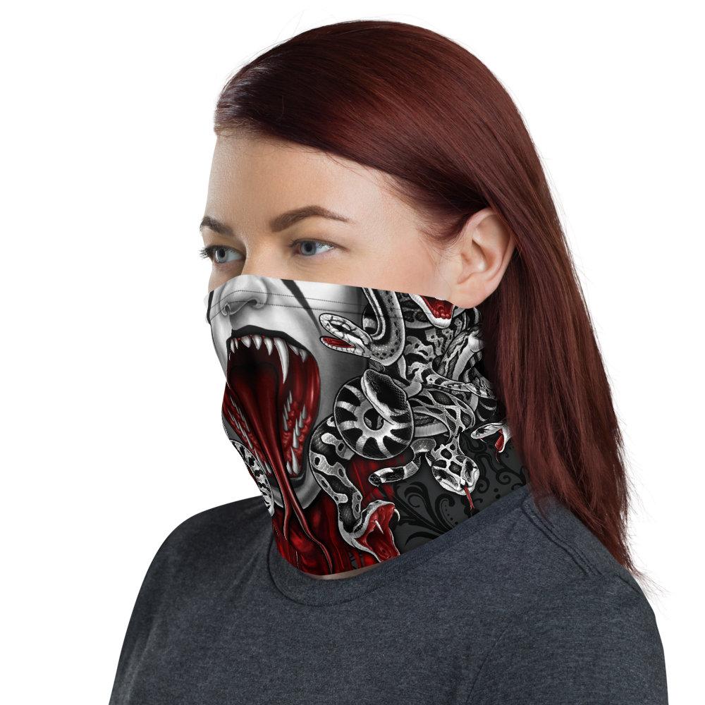 Medusa Neck Gaiter, Face Skull Mask, Printed Head Covering, Snakes Headband, Nu Goth Skull, Fantasy Outfit - Black, 2 Faces, 3 Colors - Abysm Internal