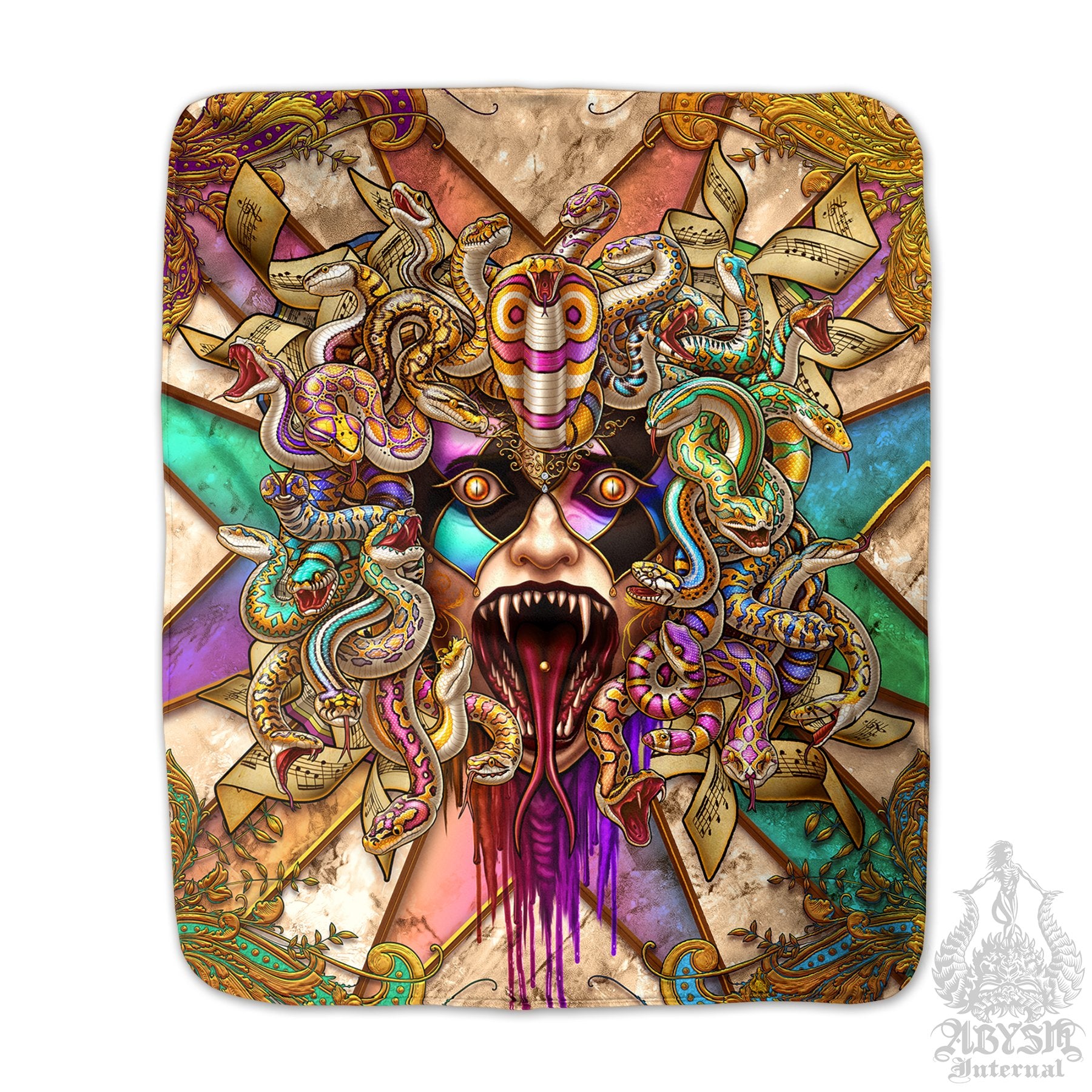 Medusa Sherpa Fleece Throw Blanket, Alternative Home Decor - Carnival, Harlequin Skull, 4 Faces & 7 Colors - Abysm Internal