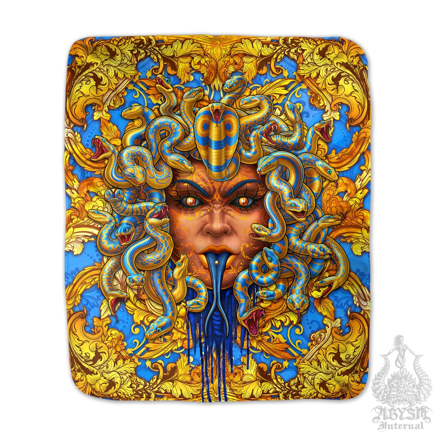 Medusa Sherpa Fleece Throw Blanket, Eclectic Decor, Eclectic and Funky Gift, Skull Art - Cyan Blue & Gold Snakes, 2 Faces - Abysm Internal