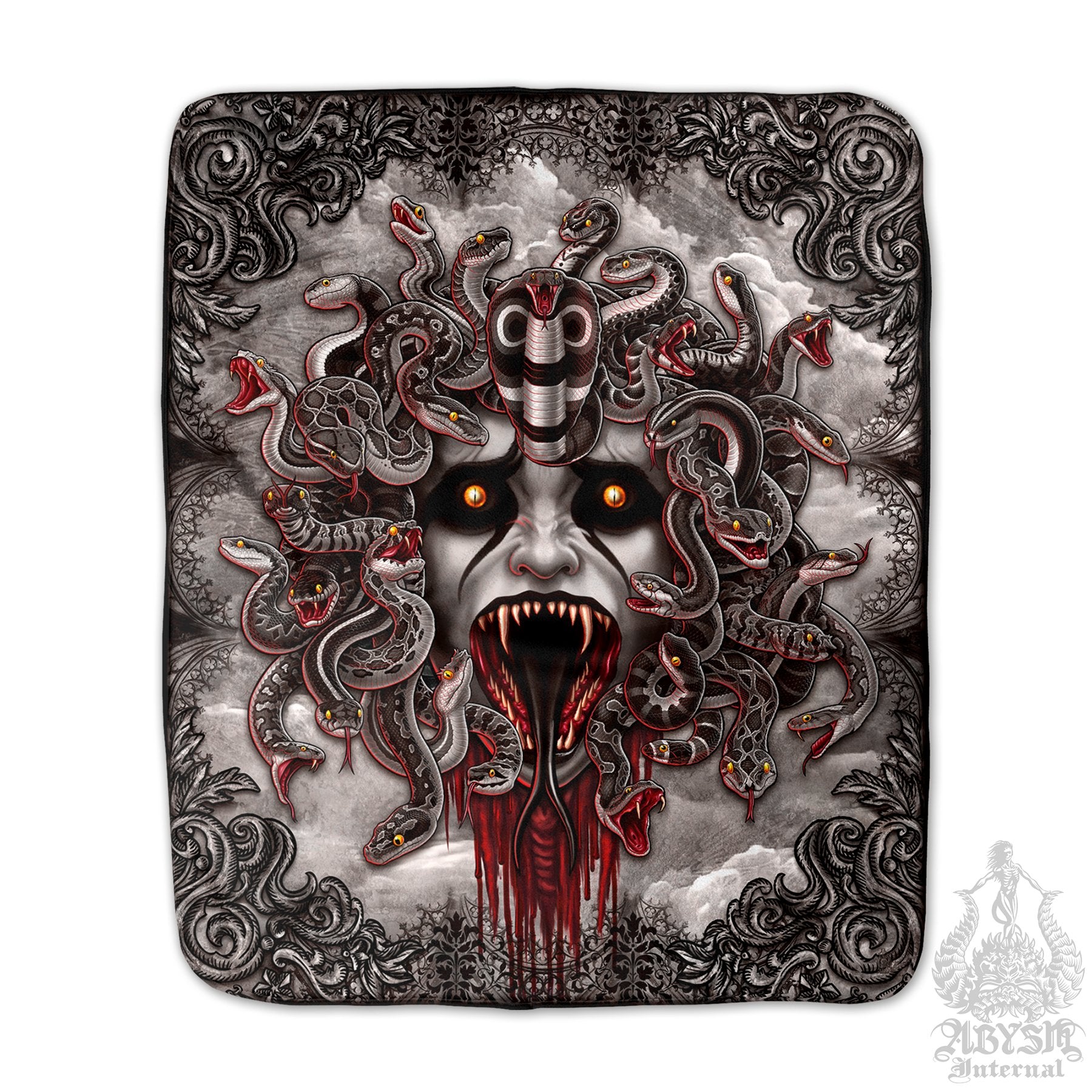 Medusa Sherpa Fleece Throw Blanket, Gothic Home Decor, Alternative Skull Art Gift - 4 Faces, Grey Snakes - Abysm Internal