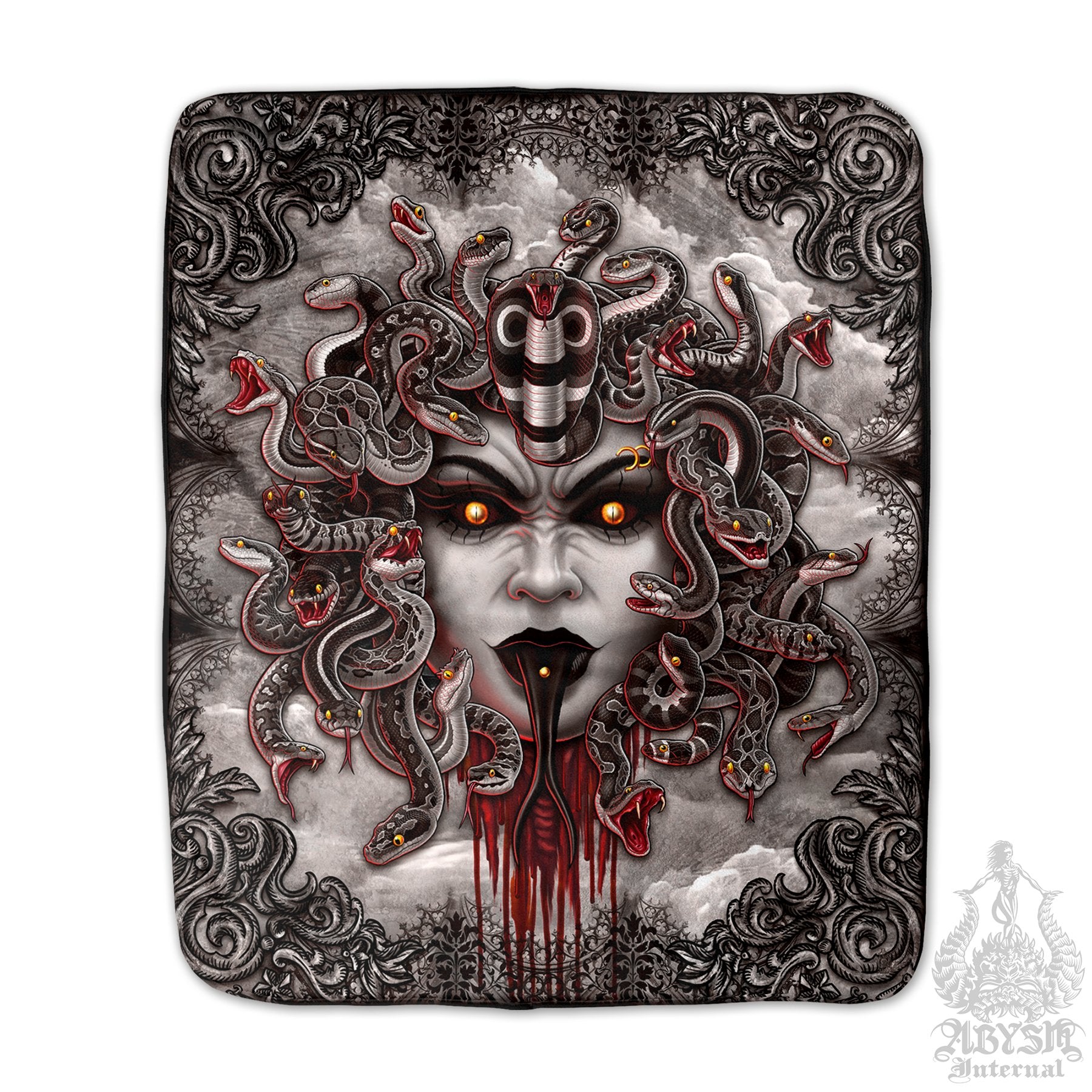 Medusa Sherpa Fleece Throw Blanket, Gothic Home Decor, Alternative Skull Art Gift - 4 Faces, Grey Snakes - Abysm Internal
