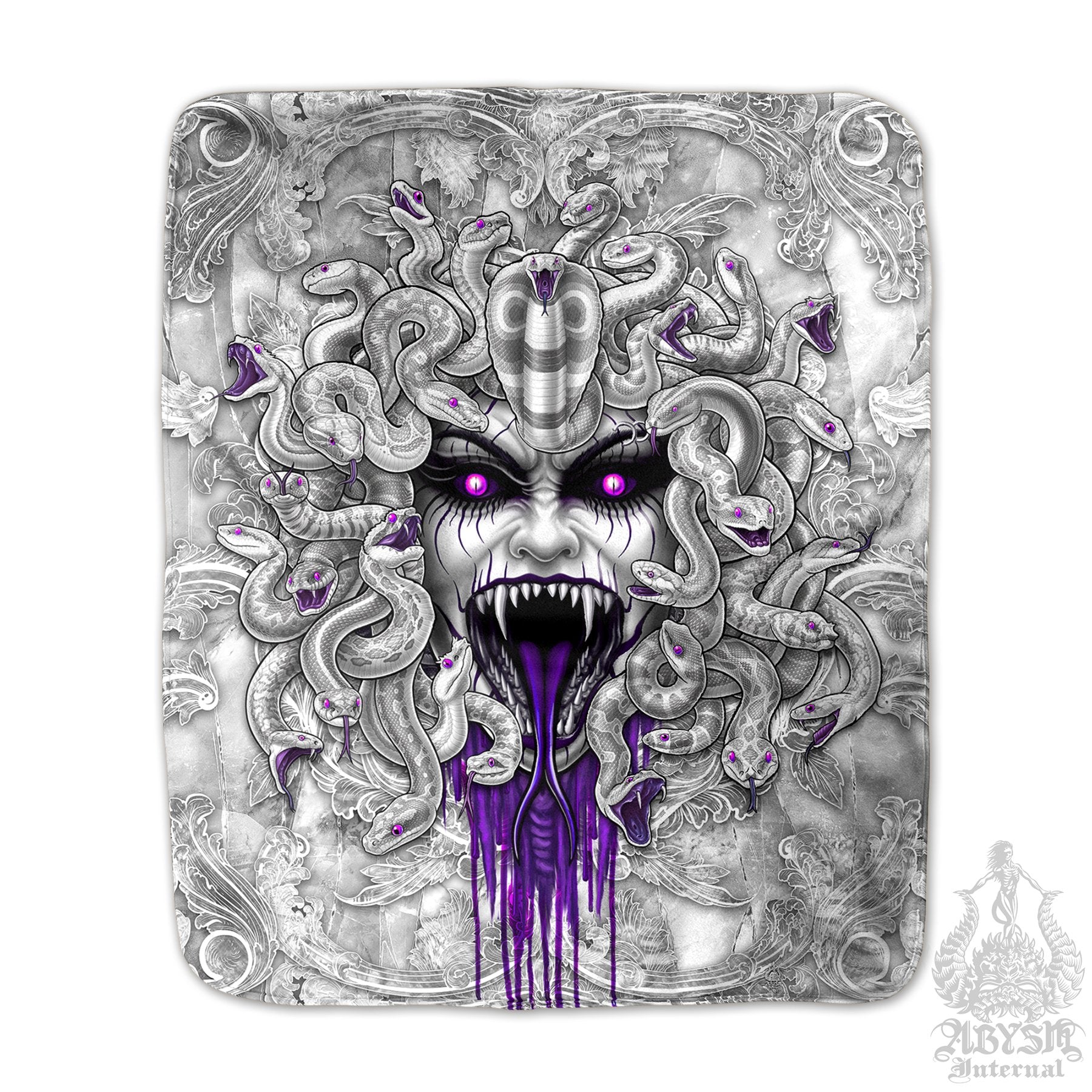 Medusa Sherpa Fleece Throw Blanket, Horror and Gothic Home Decor, Skull Art - White Goth & Purple, 4 Faces - Abysm Internal