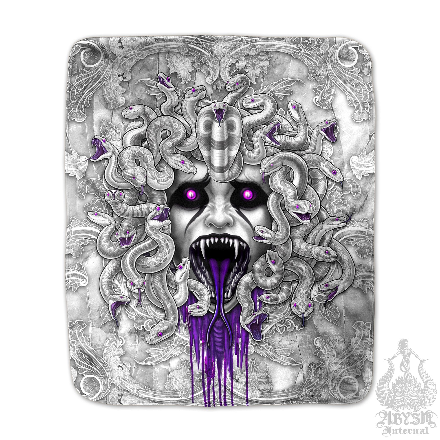 Medusa Sherpa Fleece Throw Blanket, Horror and Gothic Home Decor, Skull Art - White Goth & Purple, 4 Faces - Abysm Internal