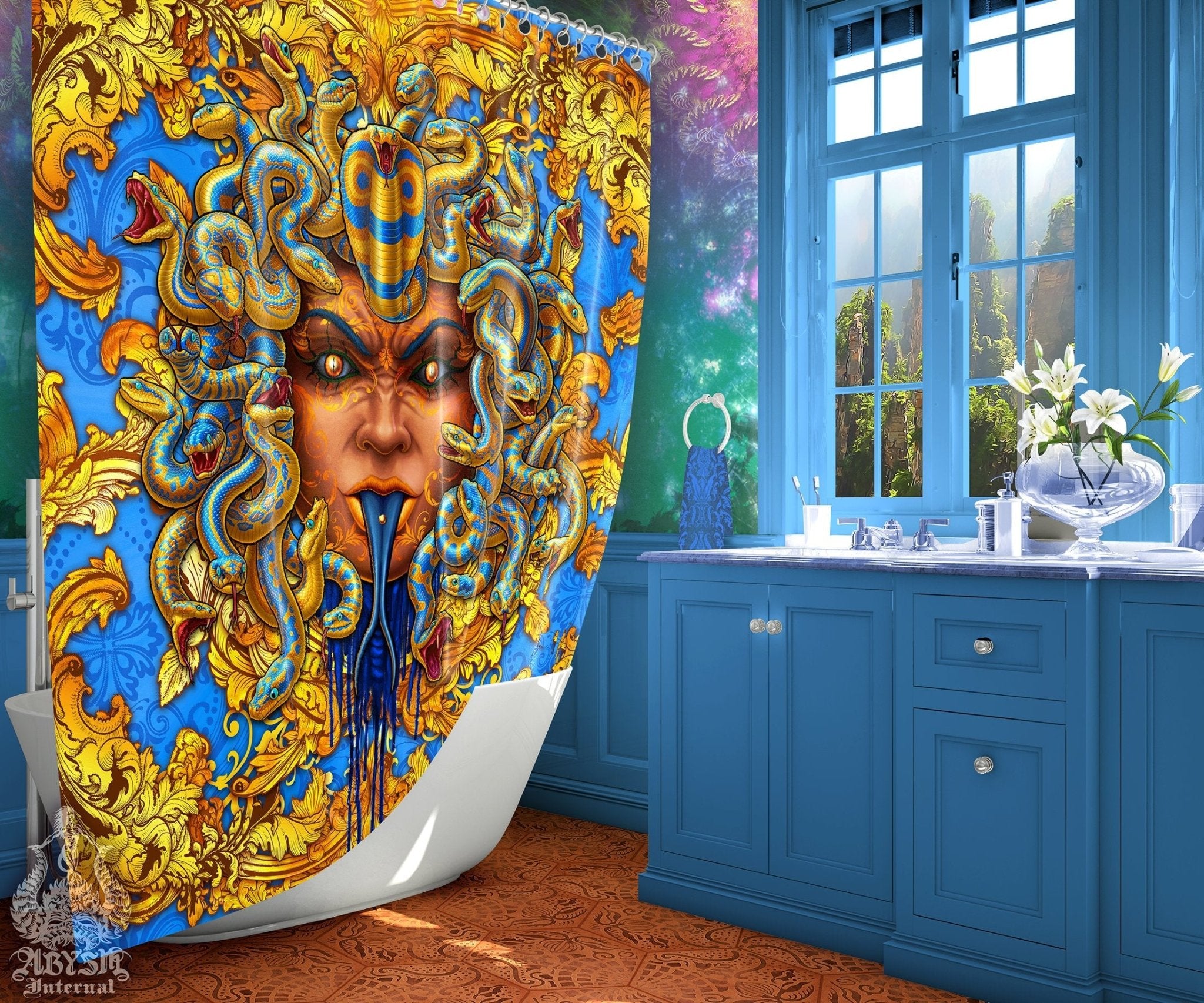Medusa Shower Curtain, Baroque Bathroom Decor, Victorian Ornaments, Eclectic and Funky Home - Cyan & Gold Snakes - Abysm Internal